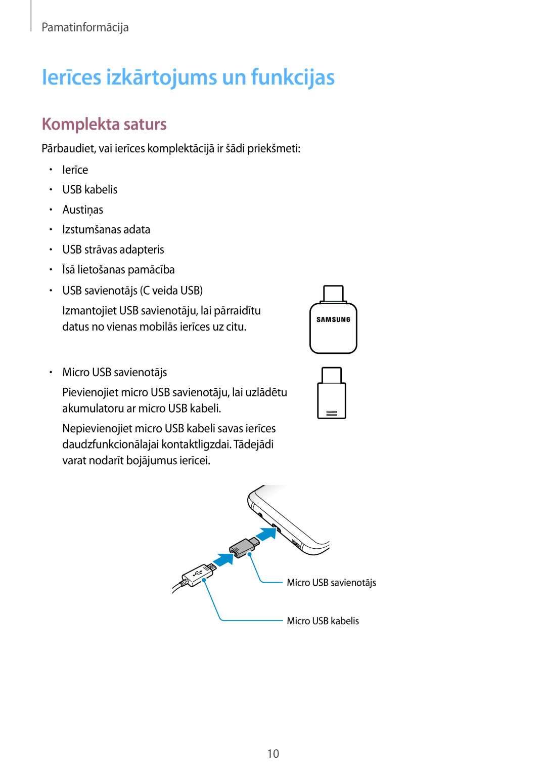 Samsung SM-G955FZKASEB, SM-G955FZSASEB manual Ierīces izkārtojums un funkcijas, Komplekta saturs, Micro USB savienotājs 