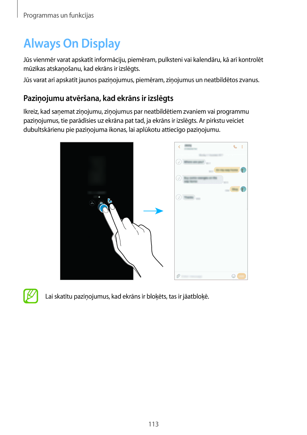 Samsung SM-G950FZSASEB, SM-G955FZSASEB, SM-G955FZVASEB manual Always On Display, Paziņojumu atvēršana, kad ekrāns ir izslēgts 