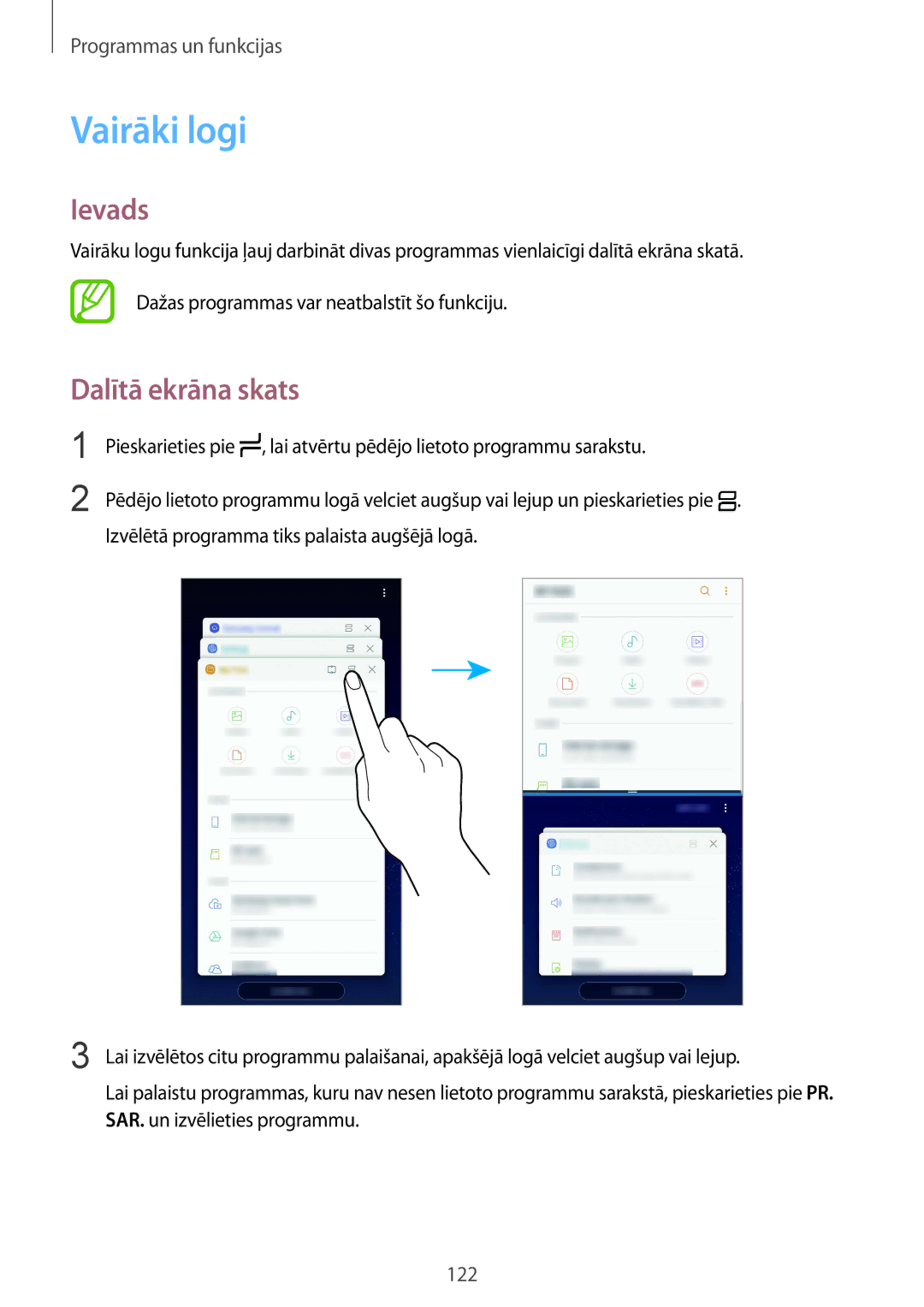 Samsung SM-G955FZKASEB, SM-G955FZSASEB, SM-G950FZSASEB, SM-G955FZVASEB, SM-G950FZVASEB manual Vairāki logi, Dalītā ekrāna skats 