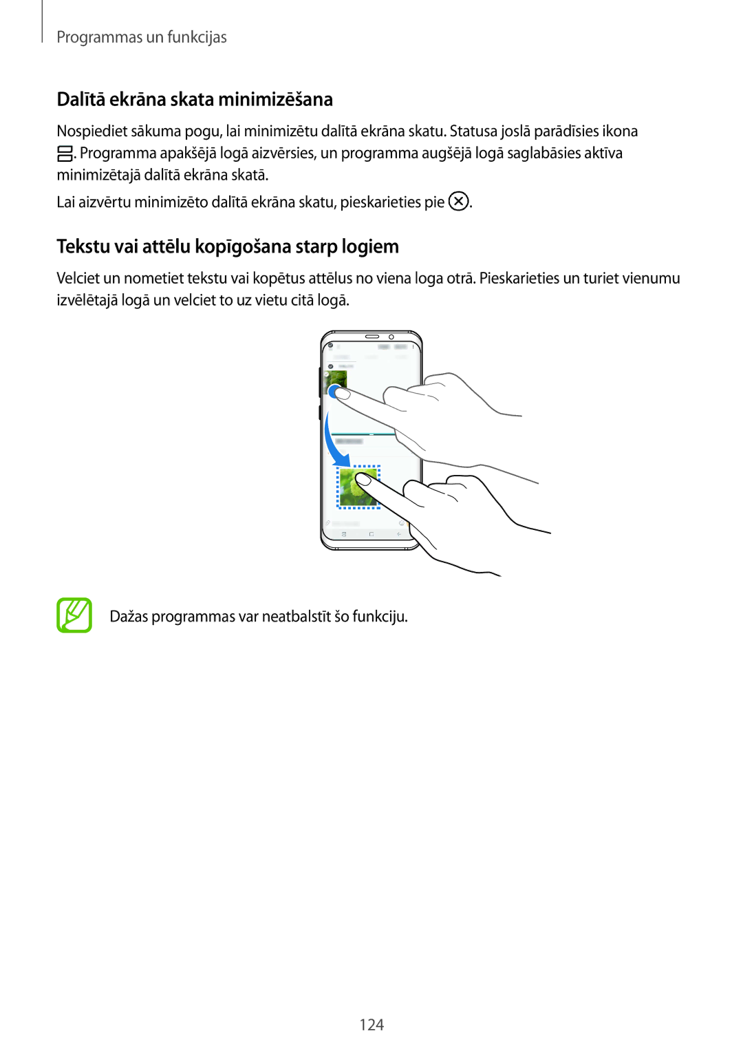 Samsung SM-G950FZIASEB, SM-G955FZSASEB manual Dalītā ekrāna skata minimizēšana, Tekstu vai attēlu kopīgošana starp logiem 