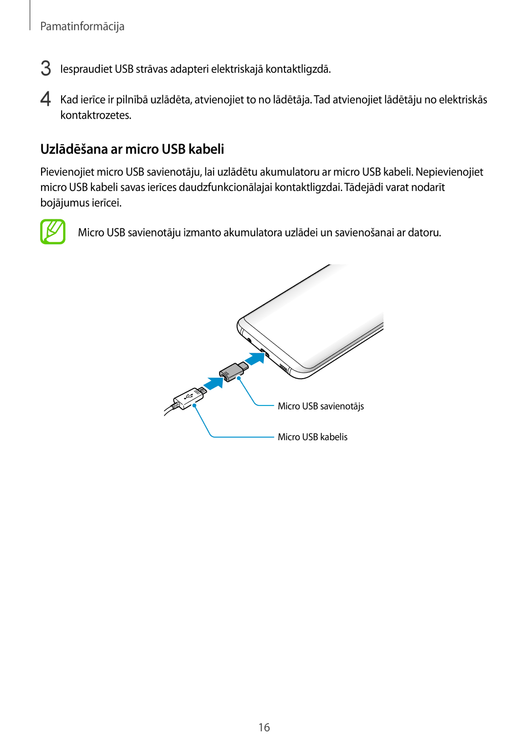 Samsung SM-G955FZVASEB, SM-G955FZSASEB, SM-G950FZSASEB, SM-G955FZKASEB, SM-G950FZVASEB manual Uzlādēšana ar micro USB kabeli 