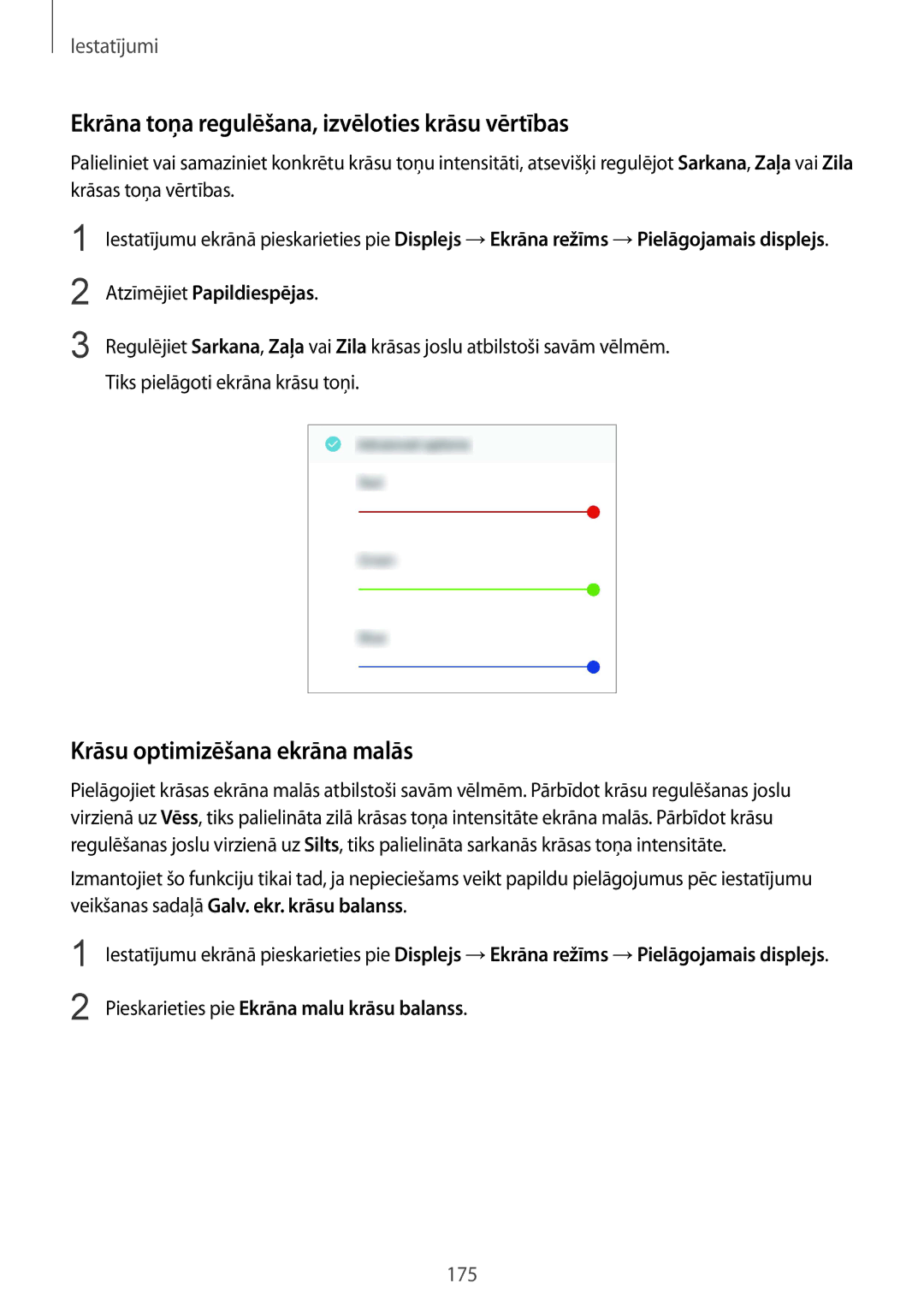 Samsung SM-G955FZSASEB, SM-G950FZSASEB Ekrāna toņa regulēšana, izvēloties krāsu vērtības, Krāsu optimizēšana ekrāna malās 