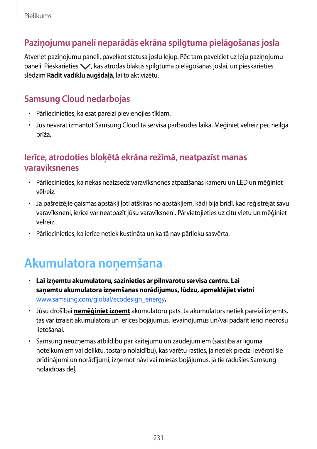 Samsung SM-G955FZSASEB, SM-G950FZSASEB, SM-G955FZVASEB, SM-G955FZKASEB manual Akumulatora noņemšana, Samsung Cloud nedarbojas 