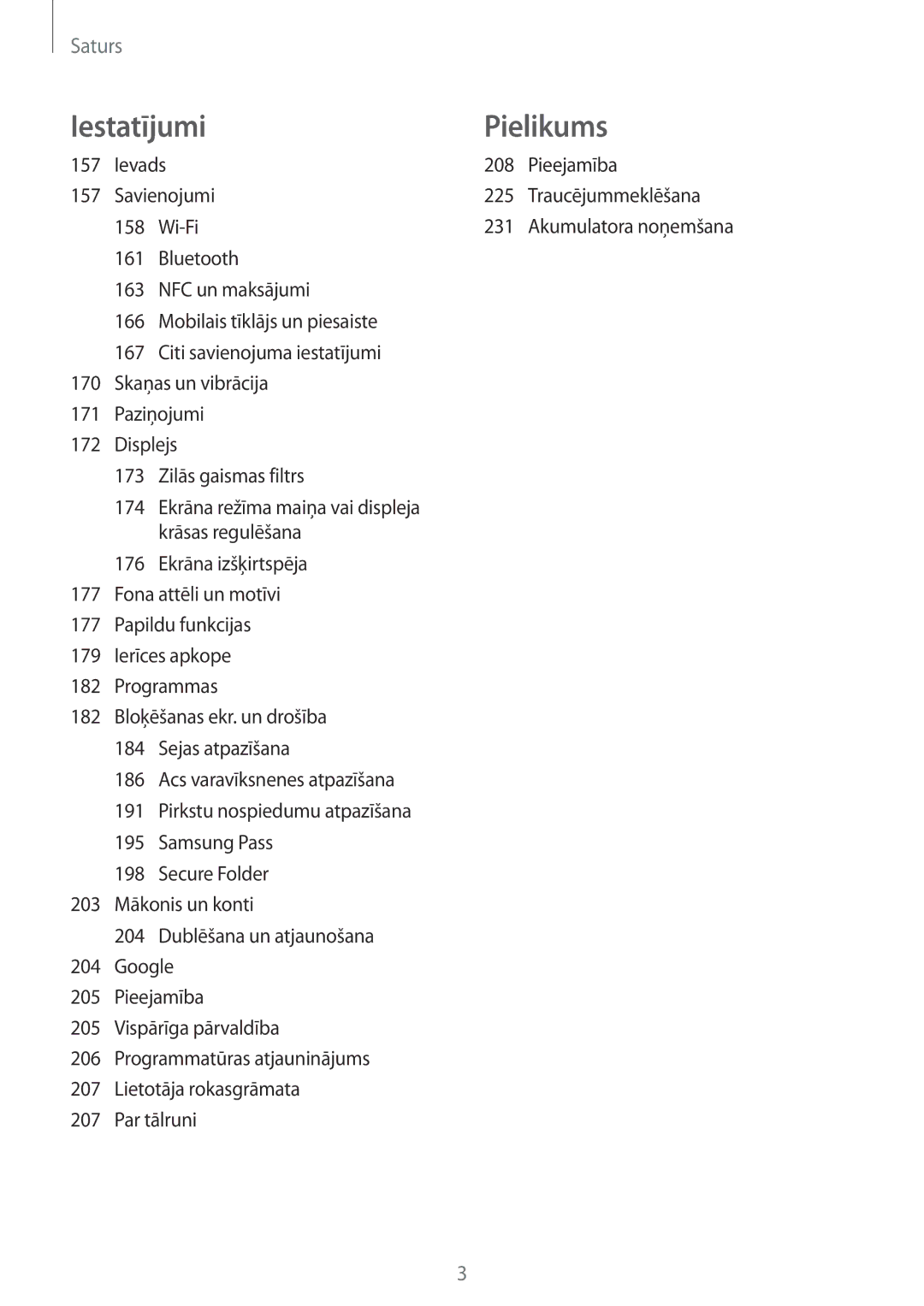Samsung SM-G955FZKASEB, SM-G955FZSASEB manual Ievads 208 Pieejamība, Savienojumi 225 Traucējummeklēšana 158 Wi-Fi 231 