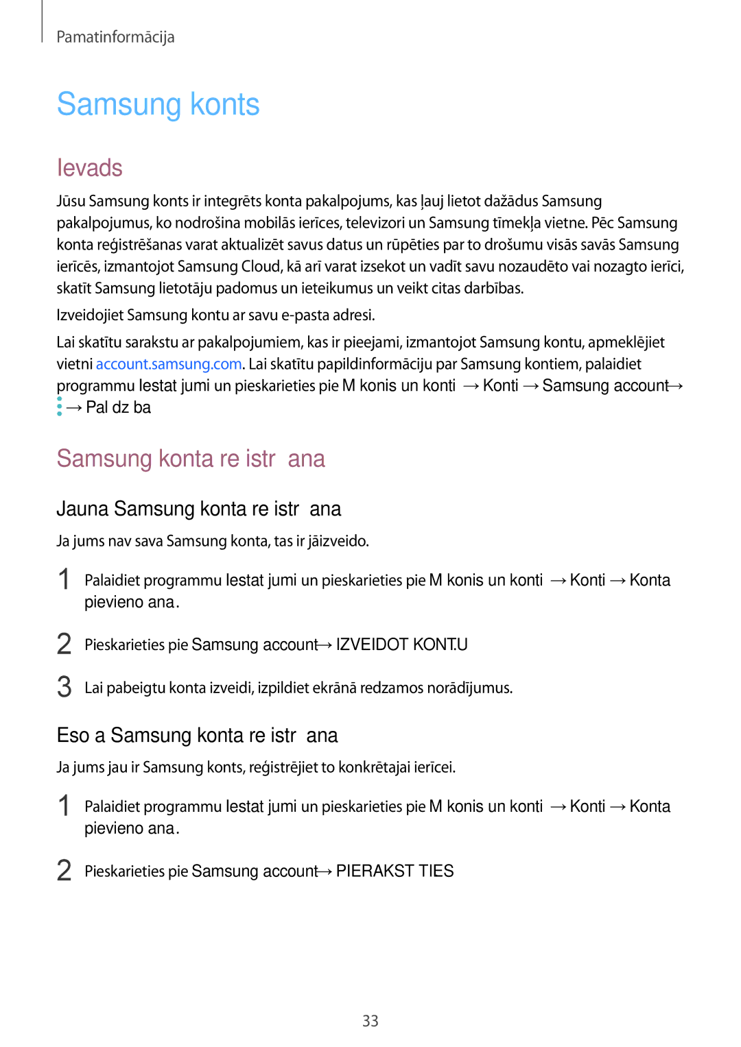 Samsung SM-G950FZIASEB manual Samsung konts, Ievads, Jauna Samsung konta reģistrēšana, Esoša Samsung konta reģistrēšana 