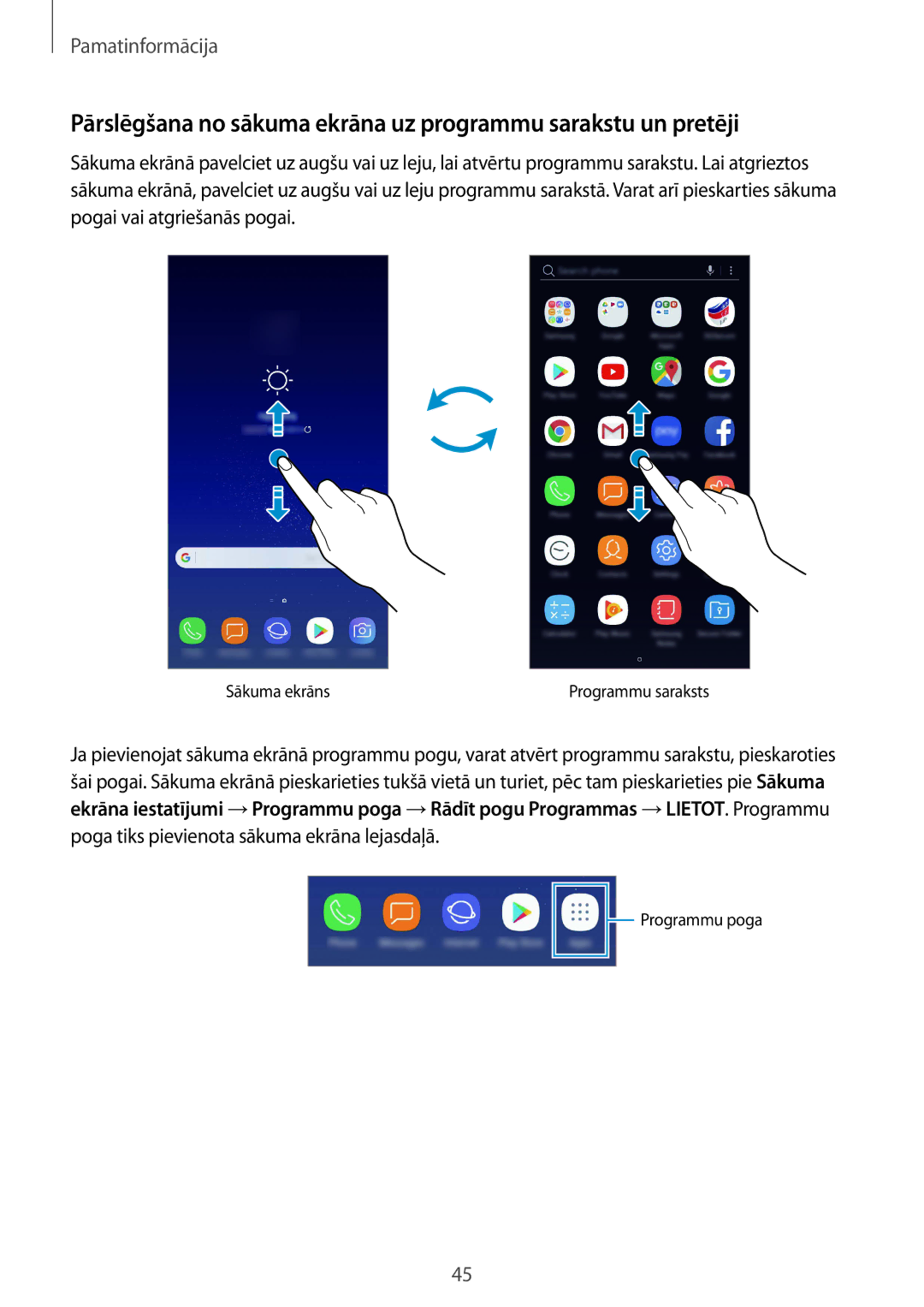 Samsung SM-G955FZKASEB, SM-G955FZSASEB, SM-G950FZSASEB, SM-G955FZVASEB, SM-G950FZVASEB, SM-G950FZIASEB manual Sākuma ekrāns 