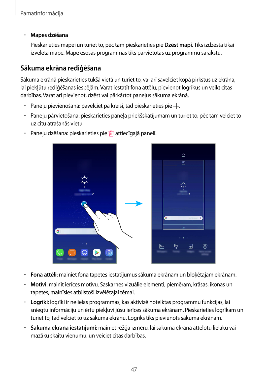 Samsung SM-G950FZIASEB, SM-G955FZSASEB, SM-G950FZSASEB, SM-G955FZVASEB manual Sākuma ekrāna rediģēšana, Mapes dzēšana 