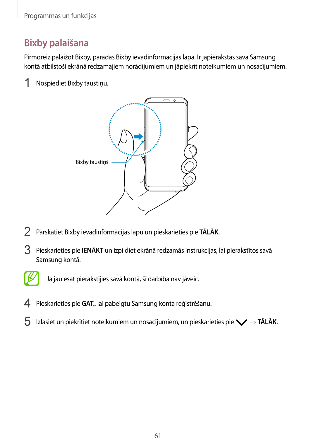 Samsung SM-G950FZIASEB, SM-G955FZSASEB, SM-G950FZSASEB, SM-G955FZVASEB manual Bixby palaišana, Nospiediet Bixby taustiņu 