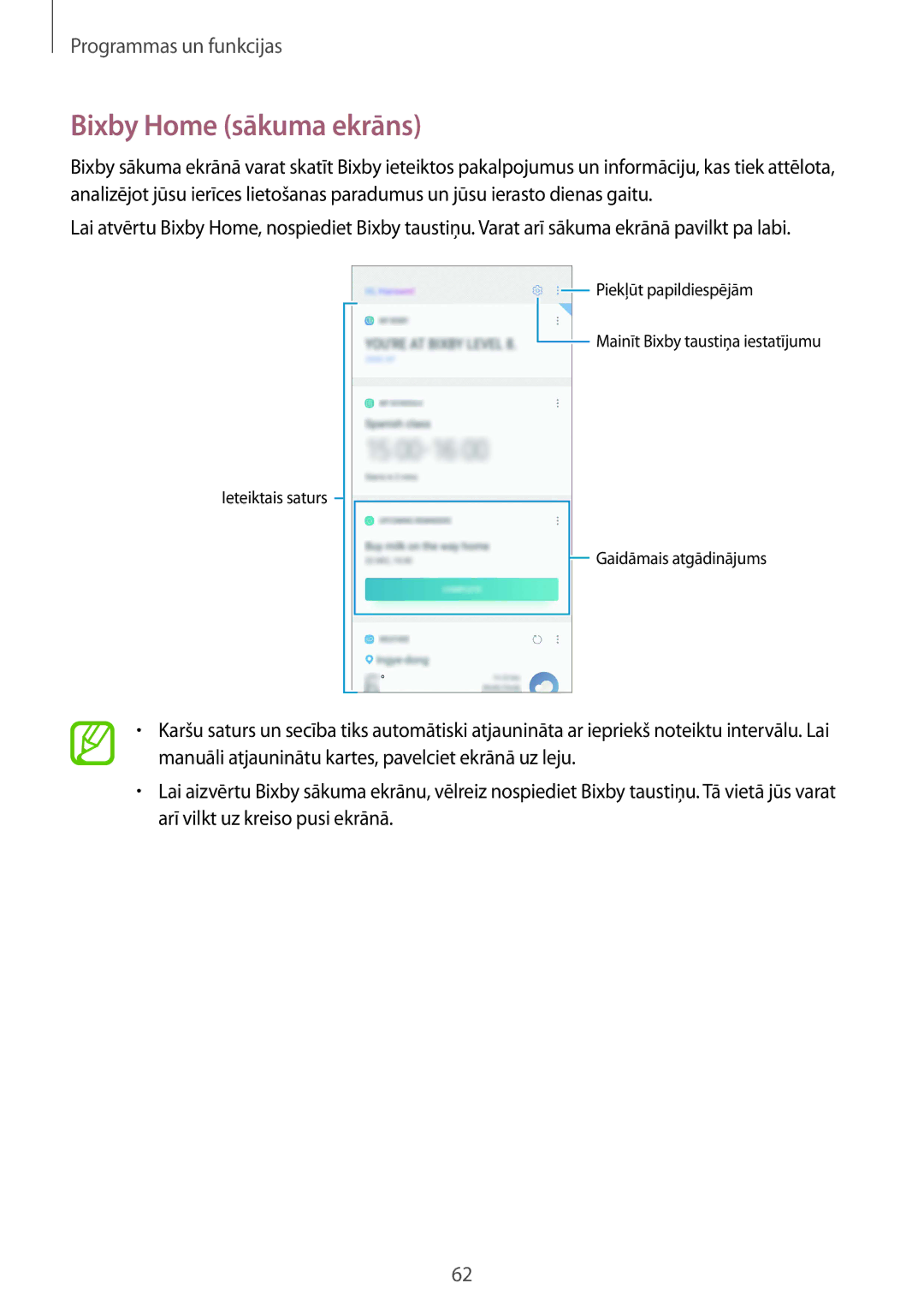 Samsung SM-G950FZKASEB, SM-G955FZSASEB, SM-G950FZSASEB, SM-G955FZVASEB, SM-G955FZKASEB manual Bixby Home sākuma ekrāns 