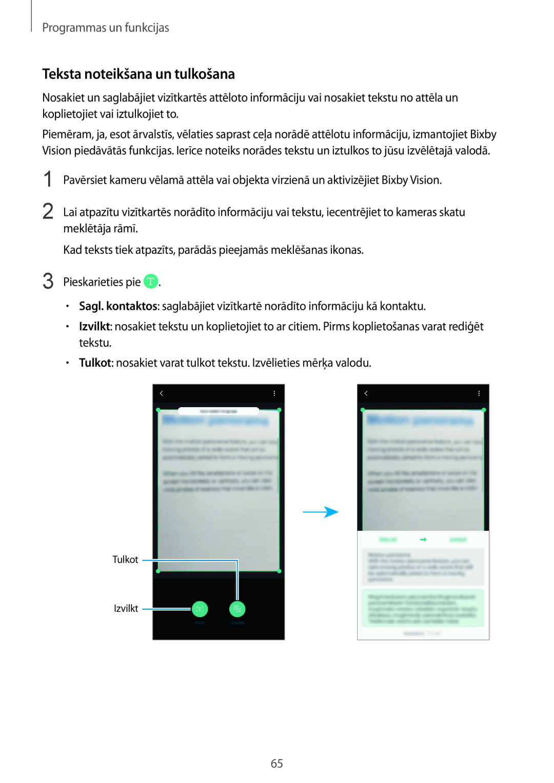 Samsung SM-G955FZVASEB, SM-G955FZSASEB, SM-G950FZSASEB, SM-G955FZKASEB, SM-G950FZVASEB manual Teksta noteikšana un tulkošana 