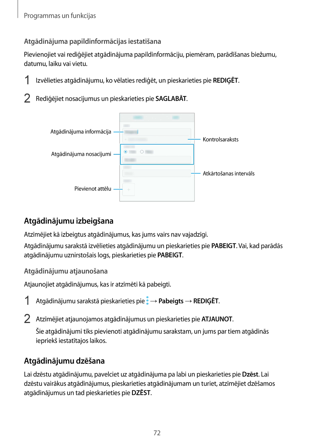 Samsung SM-G955FZVASEB manual Atgādinājumu izbeigšana, Atgādinājumu dzēšana, Atgādinājuma papildinformācijas iestatīšana 