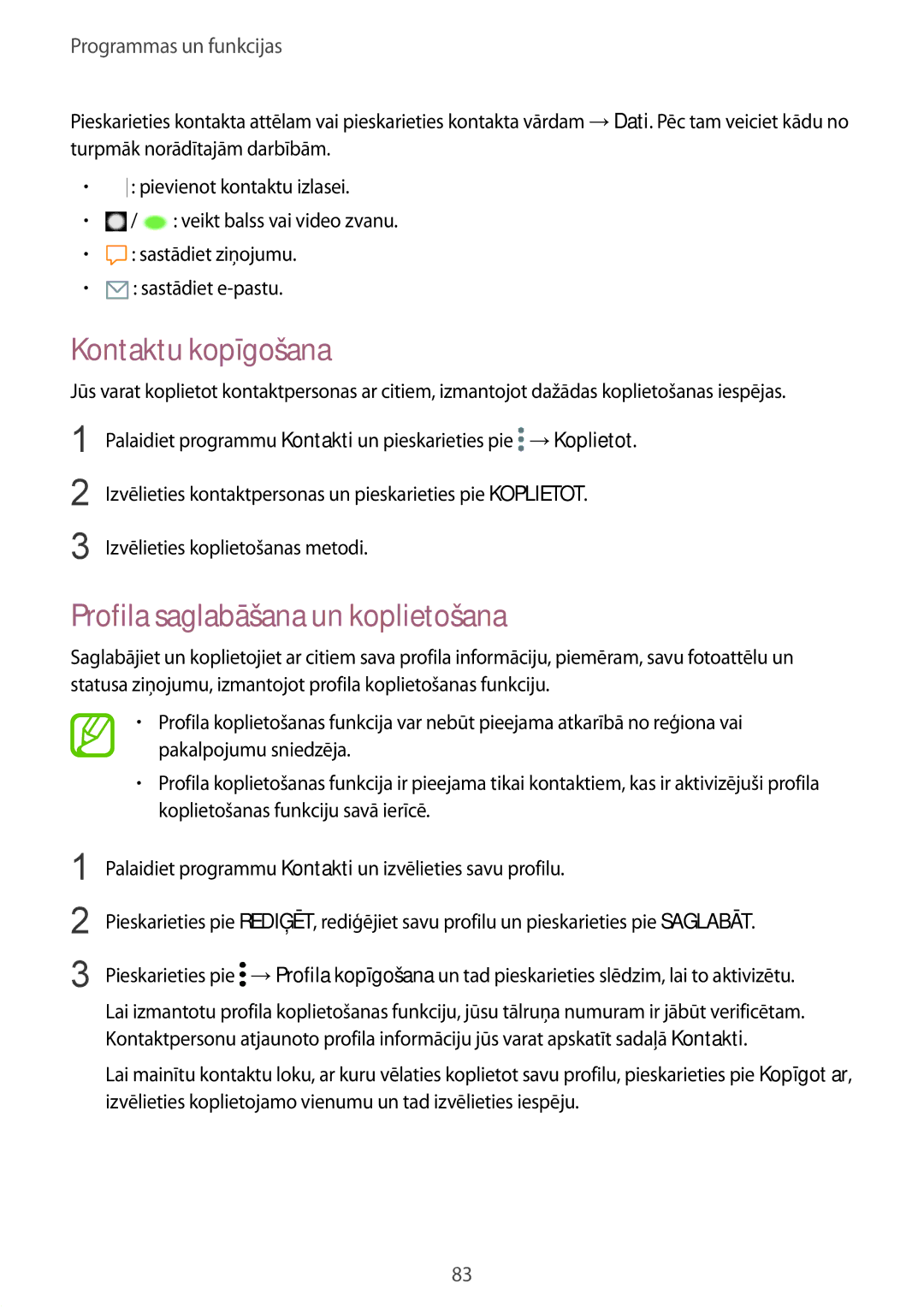 Samsung SM-G950FZKASEB, SM-G955FZSASEB, SM-G950FZSASEB manual Kontaktu kopīgošana, Profila saglabāšana un koplietošana 