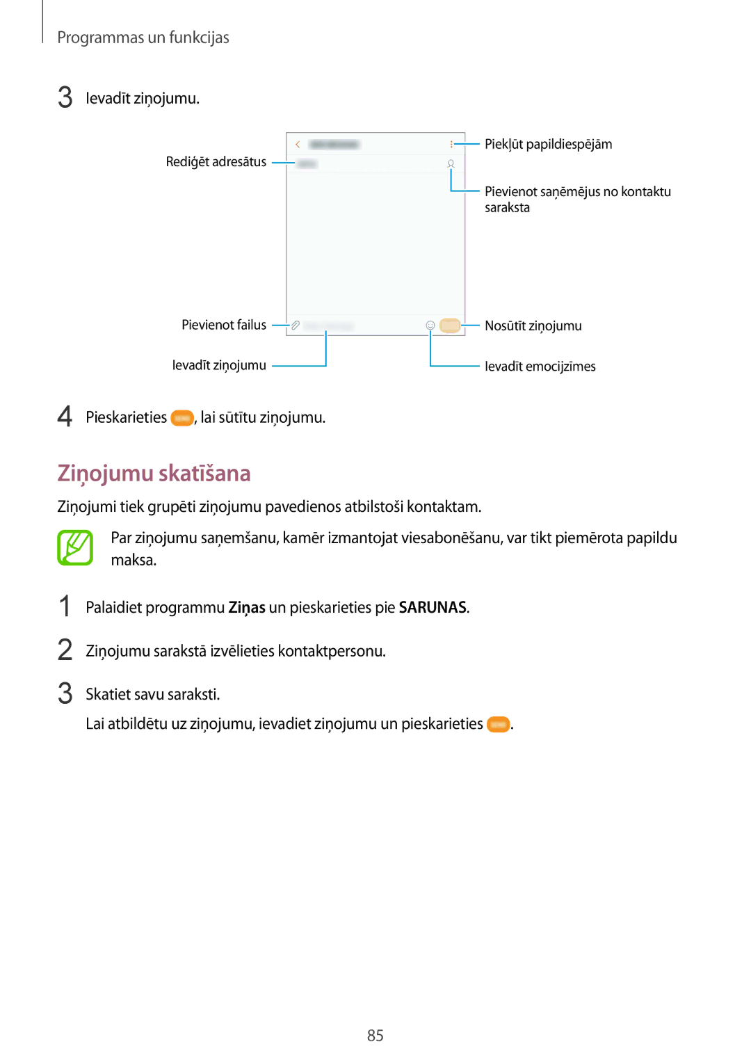 Samsung SM-G950FZSASEB, SM-G955FZSASEB, SM-G955FZVASEB manual Ziņojumu skatīšana, Ievadīt ziņojumu, Lai sūtītu ziņojumu 