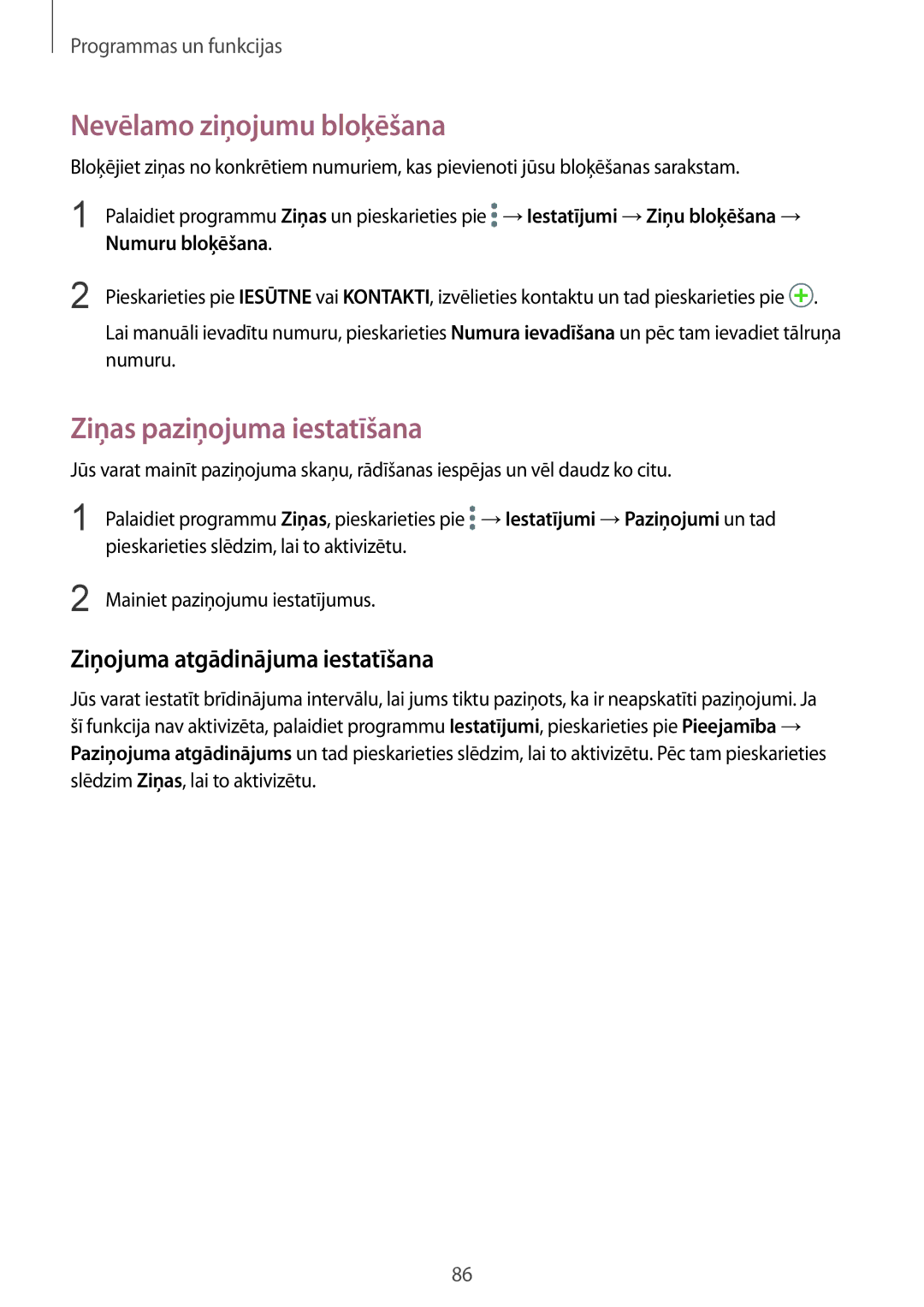 Samsung SM-G955FZVASEB manual Nevēlamo ziņojumu bloķēšana, Ziņas paziņojuma iestatīšana, Ziņojuma atgādinājuma iestatīšana 