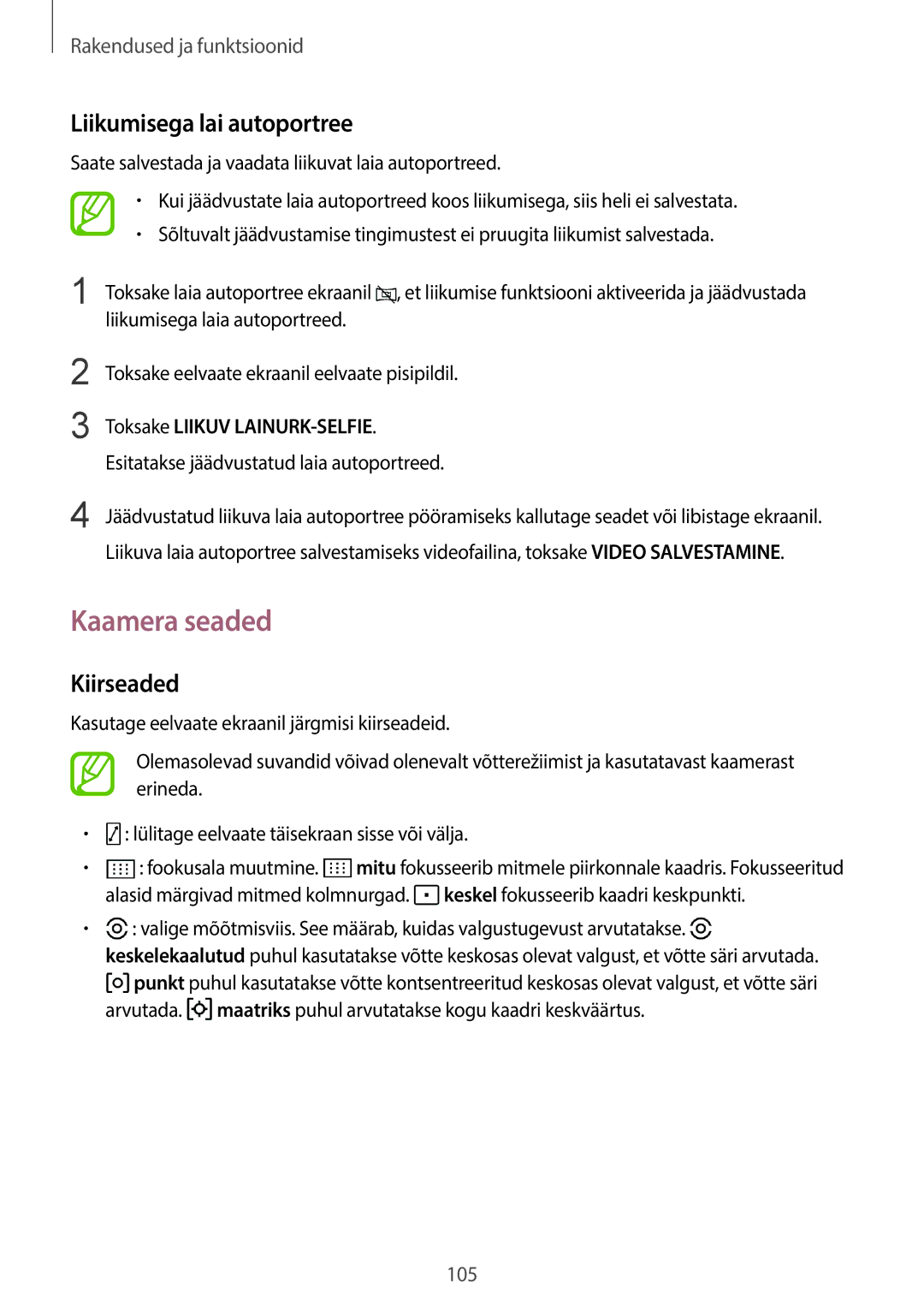 Samsung SM-G955FZSASEB manual Kaamera seaded, Liikumisega lai autoportree, Kiirseaded, Toksake Liikuv LAINURK-SELFIE 