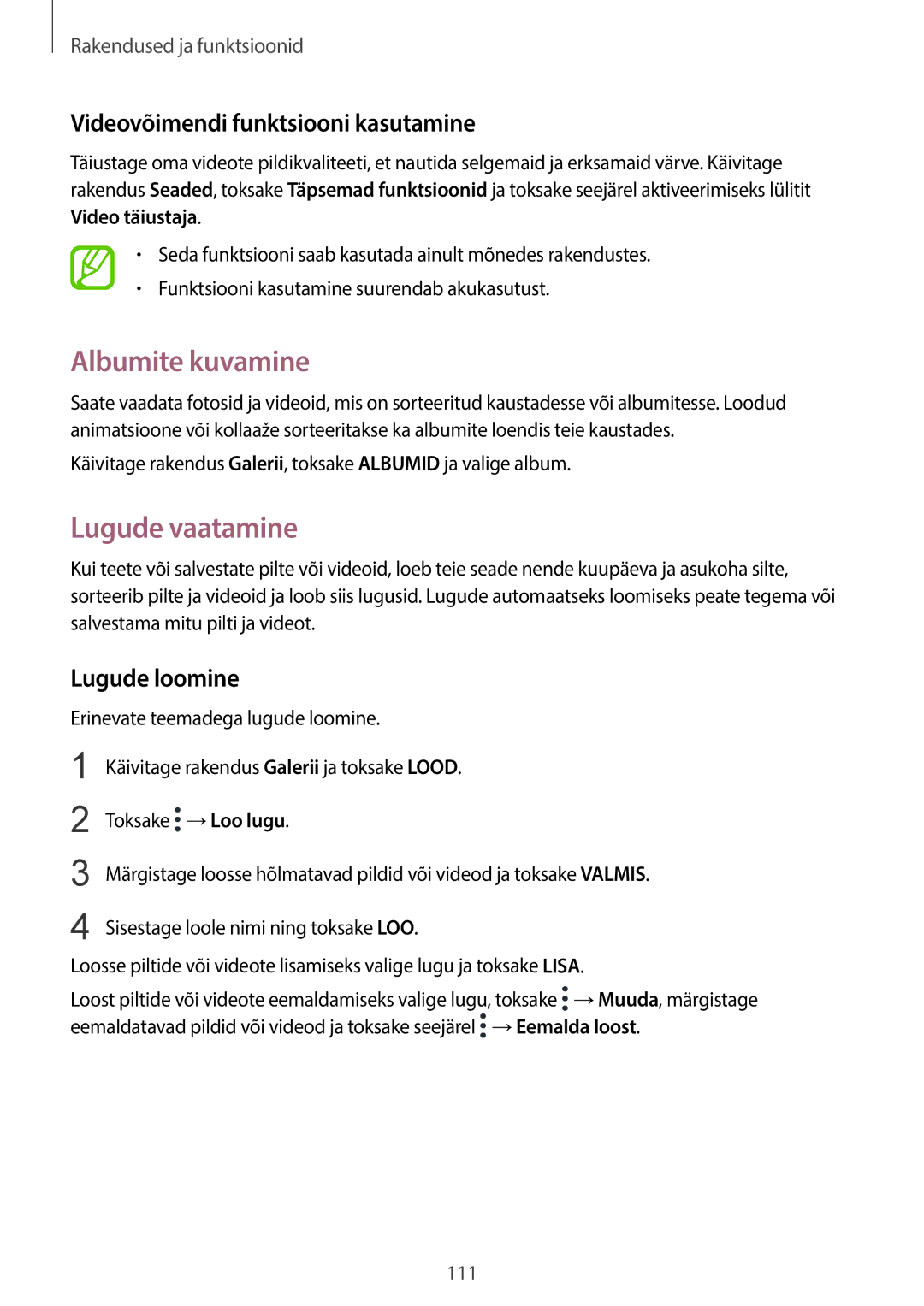 Samsung SM-G950FZKASEB manual Albumite kuvamine, Lugude vaatamine, Videovõimendi funktsiooni kasutamine, Lugude loomine 