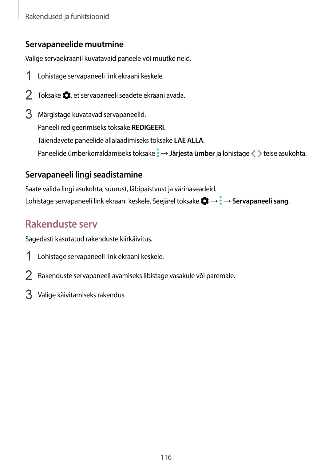 Samsung SM-G950FZVASEB, SM-G955FZSASEB manual Rakenduste serv, Servapaneelide muutmine, Servapaneeli lingi seadistamine 