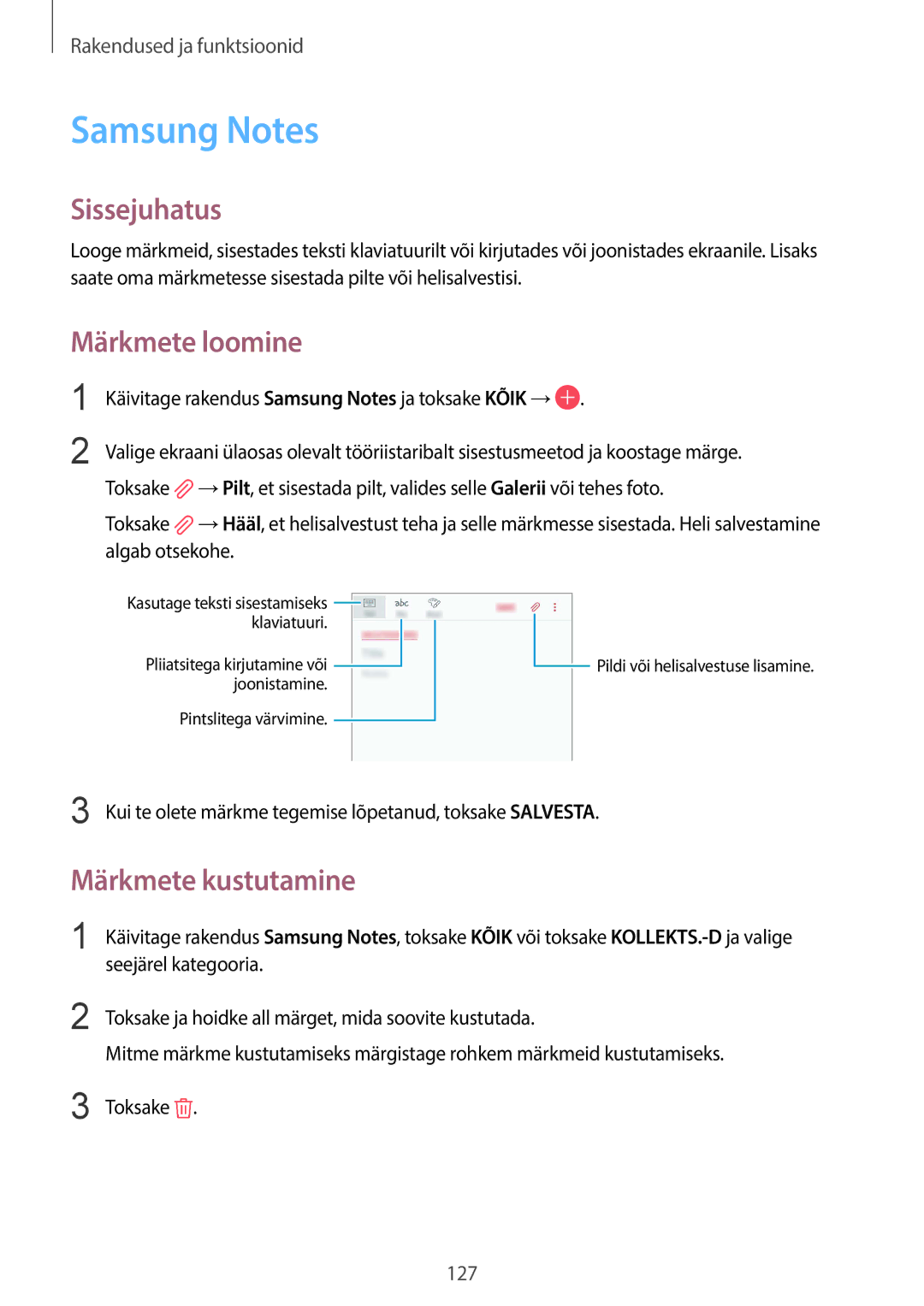 Samsung SM-G950FZSASEB, SM-G955FZSASEB, SM-G955FZVASEB, SM-G955FZKASEB Samsung Notes, Märkmete loomine, Märkmete kustutamine 