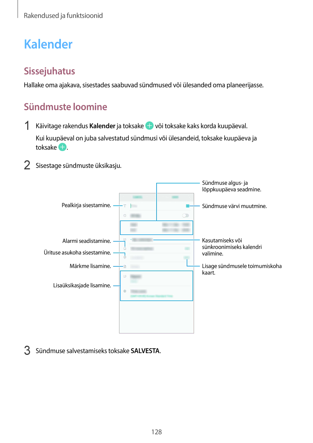 Samsung SM-G955FZVASEB, SM-G955FZSASEB, SM-G950FZSASEB manual Kalender, Sündmuste loomine, Või toksake kaks korda kuupäeval 