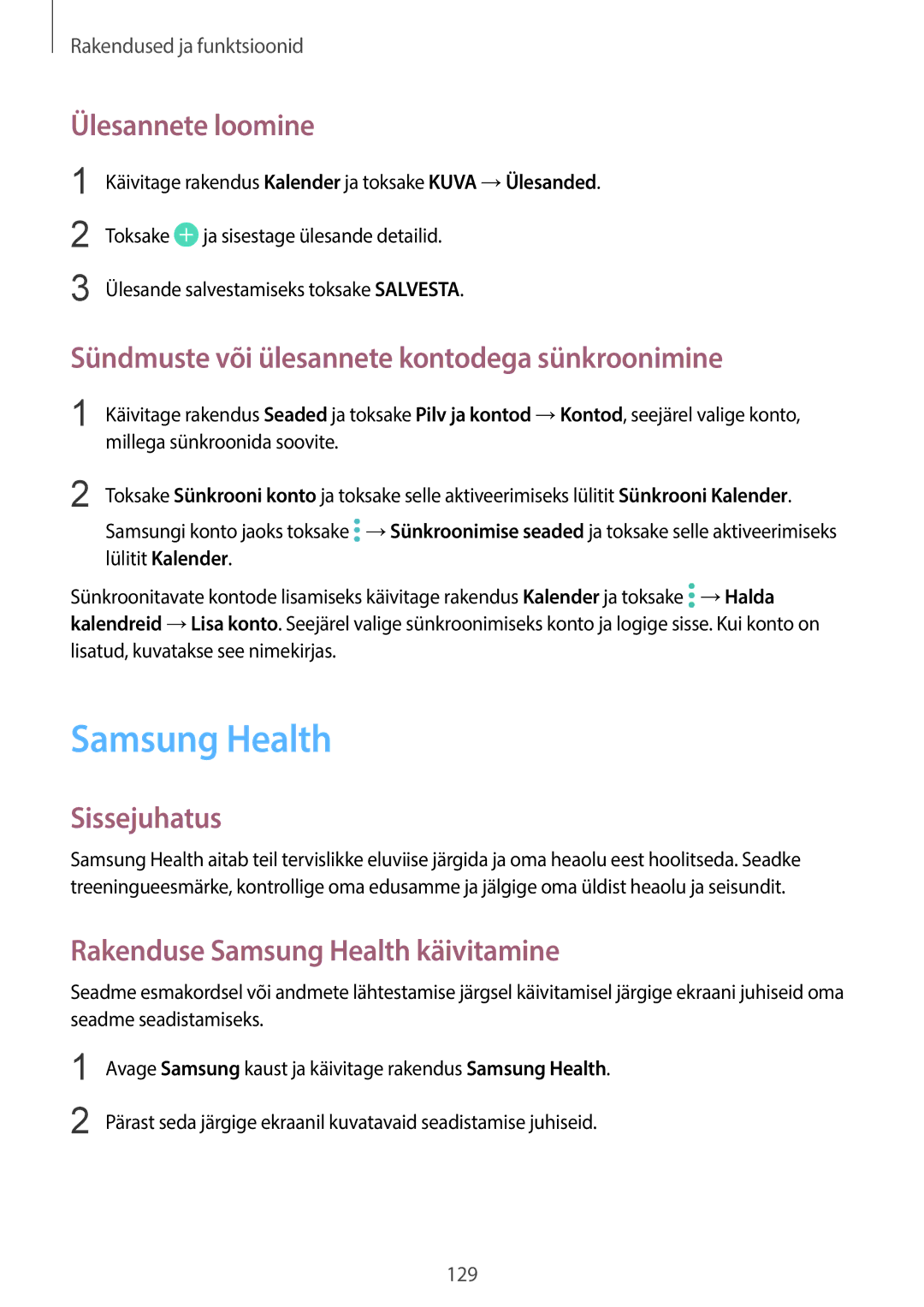 Samsung SM-G955FZKASEB manual Samsung Health, Ülesannete loomine, Sündmuste või ülesannete kontodega sünkroonimine 