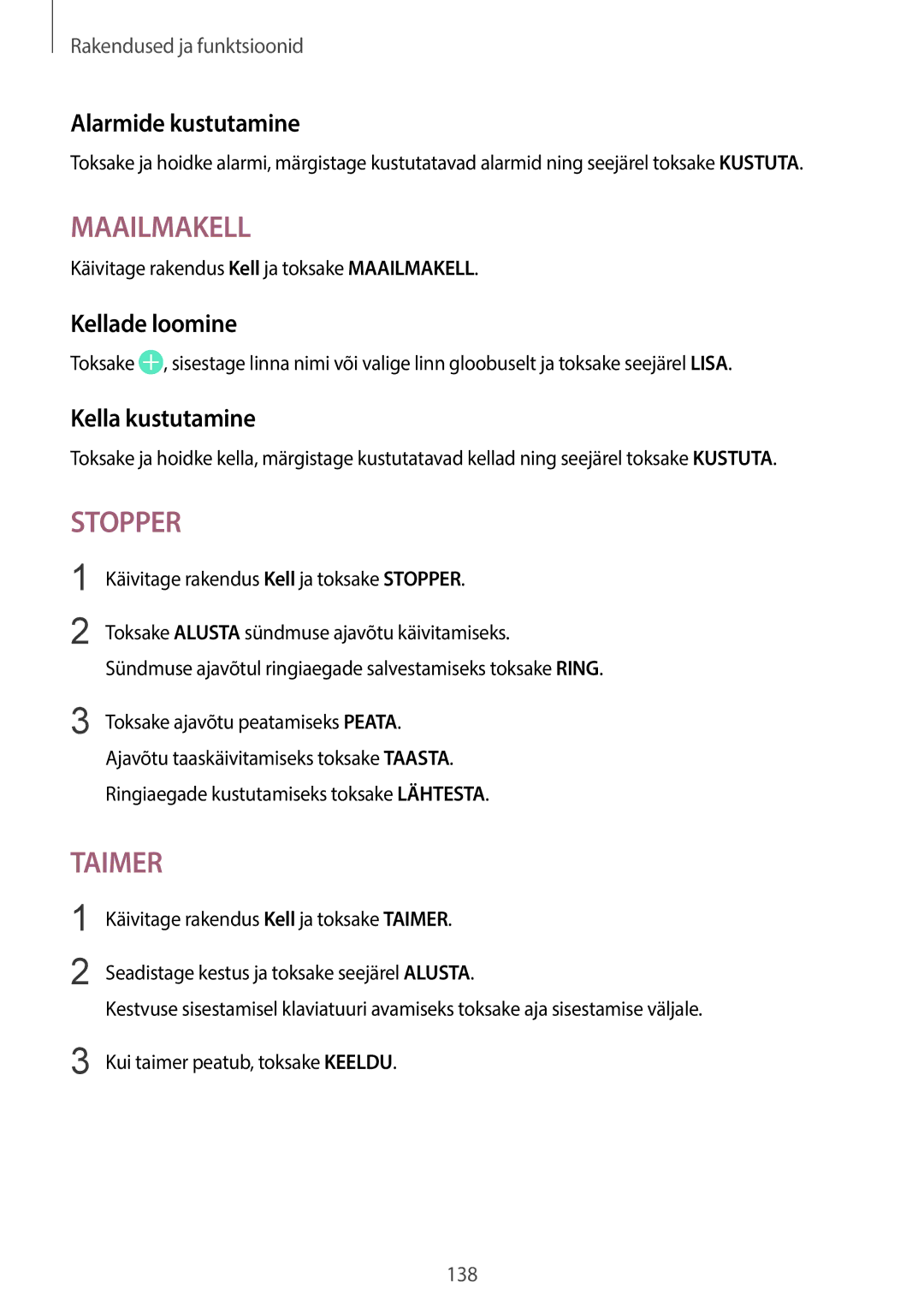 Samsung SM-G950FZIASEB, SM-G955FZSASEB, SM-G950FZSASEB manual Alarmide kustutamine, Kellade loomine, Kella kustutamine 