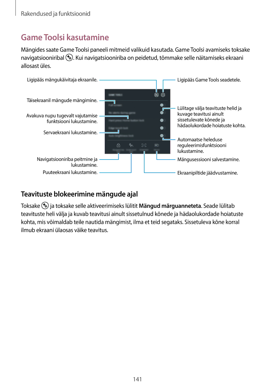 Samsung SM-G950FZSASEB, SM-G955FZSASEB, SM-G955FZVASEB manual Game Toolsi kasutamine, Teavituste blokeerimine mängude ajal 