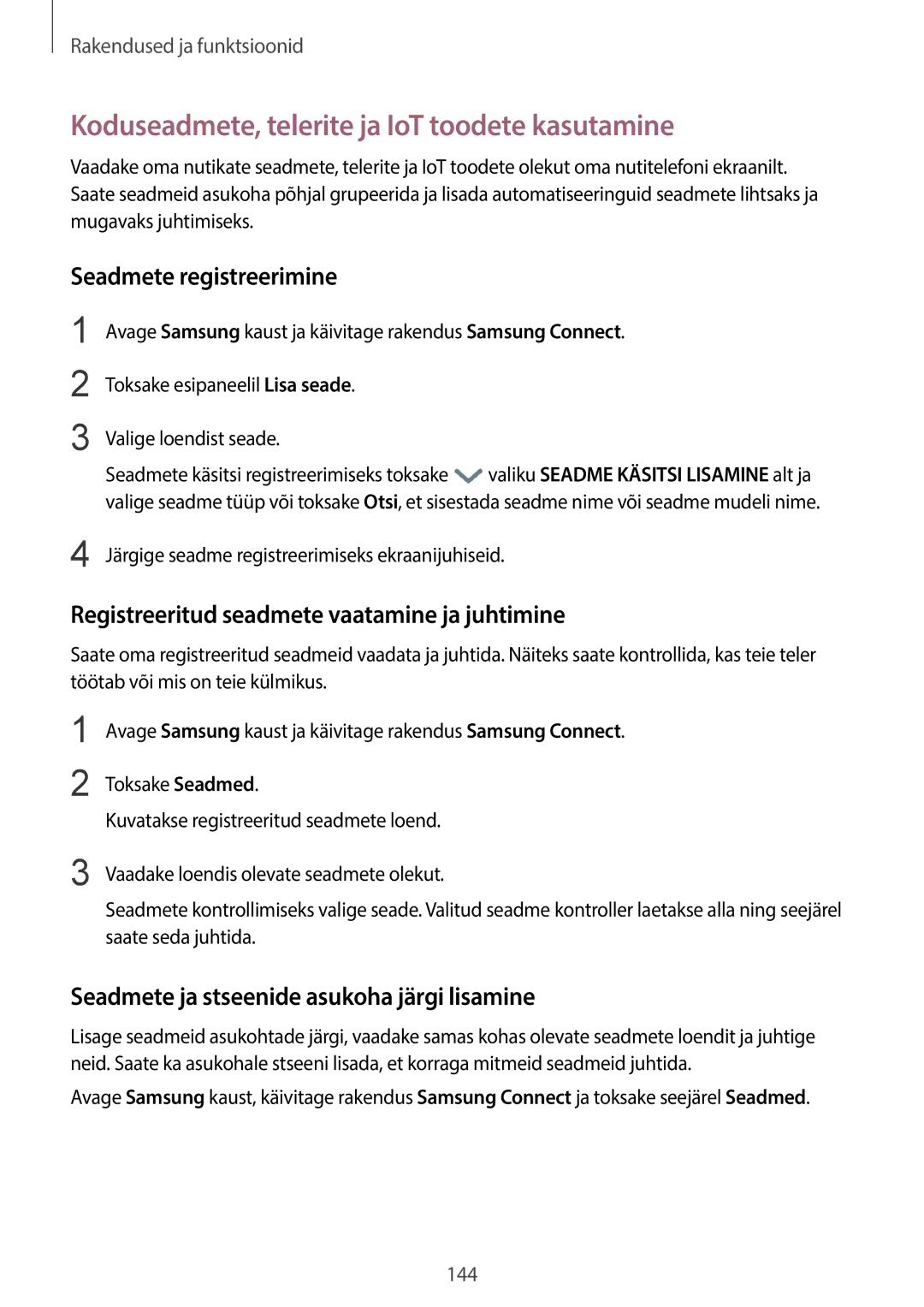 Samsung SM-G950FZVASEB, SM-G955FZSASEB manual Koduseadmete, telerite ja IoT toodete kasutamine, Seadmete registreerimine 