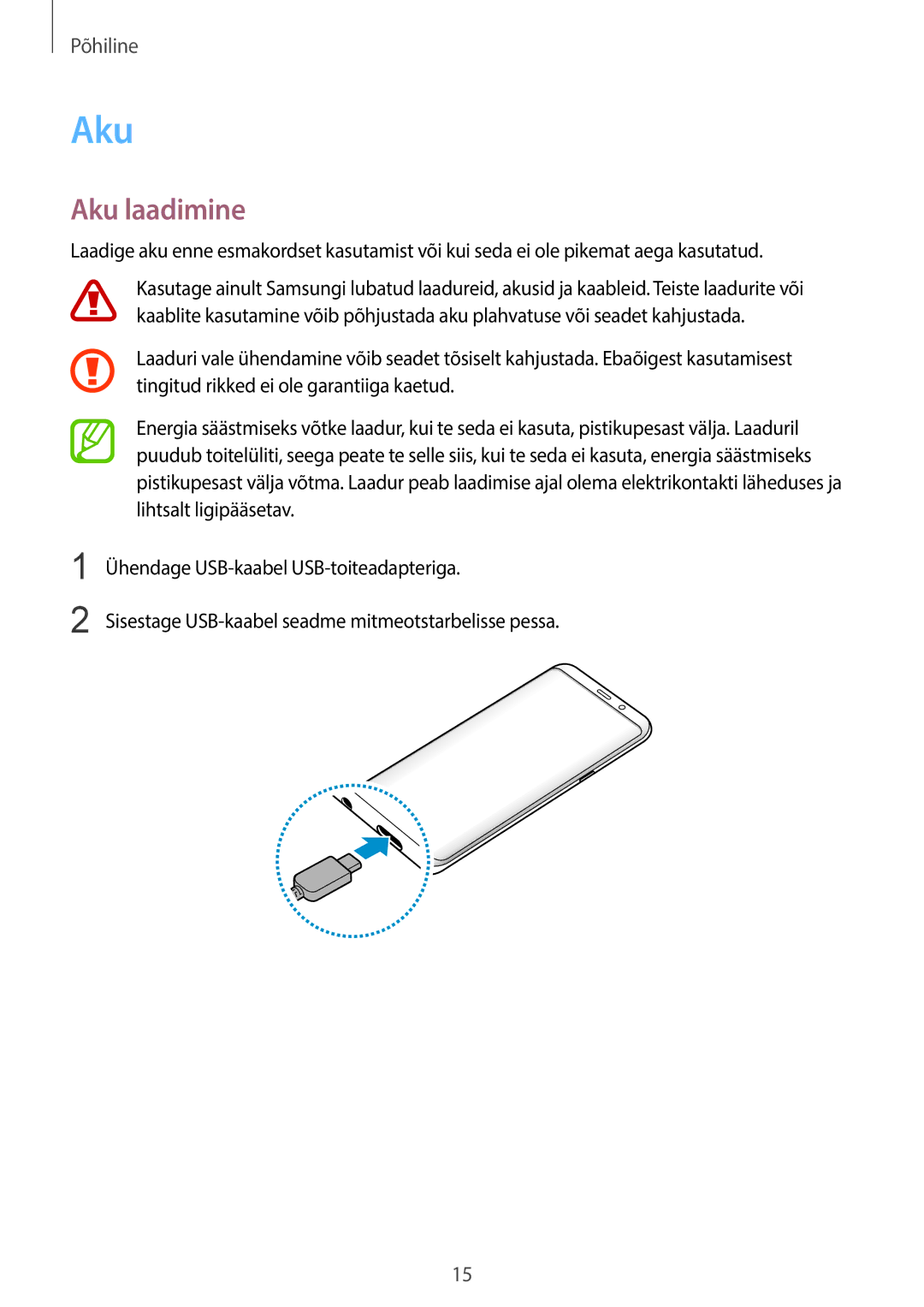 Samsung SM-G950FZSASEB, SM-G955FZSASEB, SM-G955FZVASEB, SM-G955FZKASEB, SM-G950FZVASEB, SM-G950FZIASEB manual Aku laadimine 