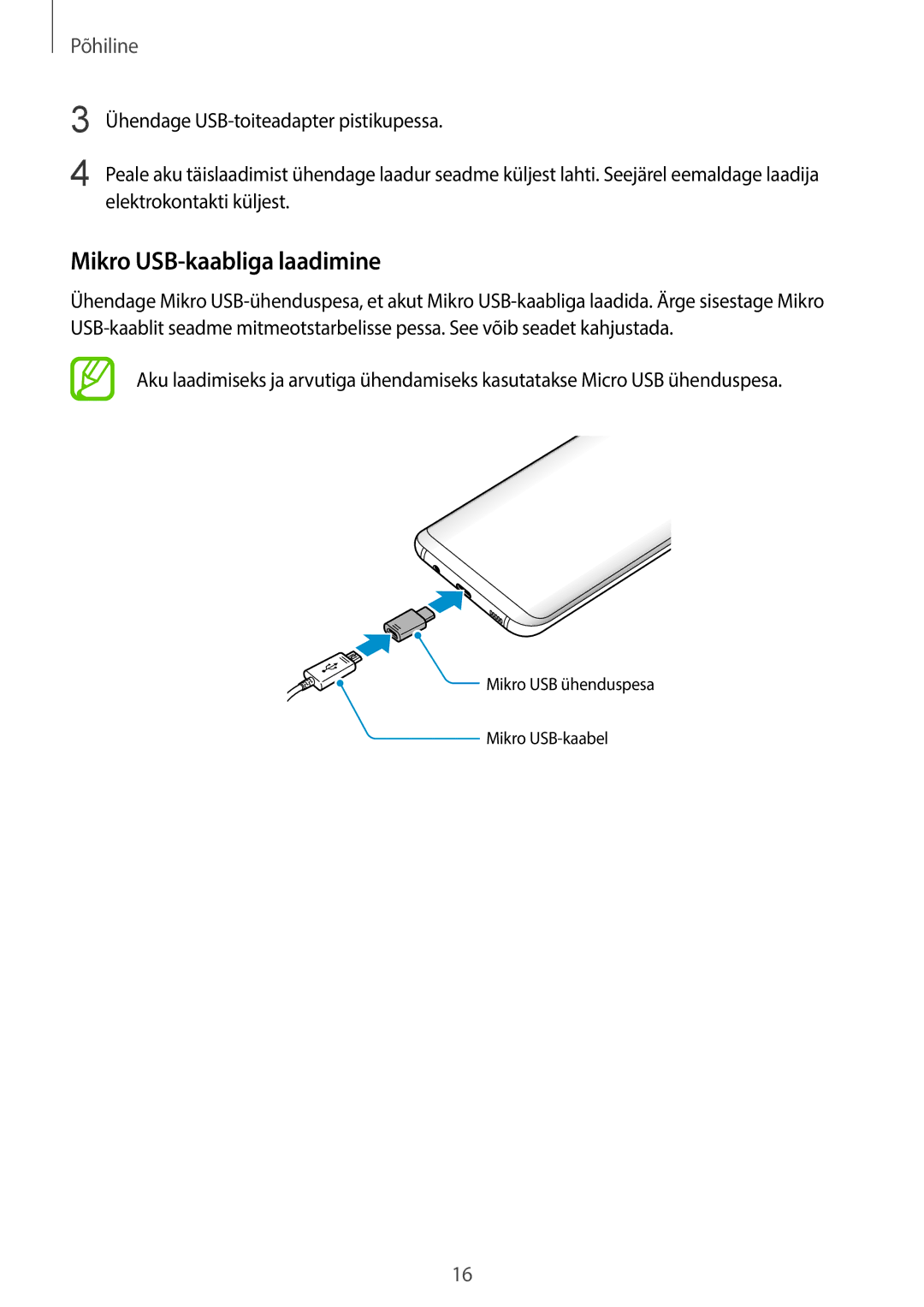 Samsung SM-G955FZVASEB, SM-G955FZSASEB, SM-G950FZSASEB, SM-G955FZKASEB, SM-G950FZVASEB manual Mikro USB-kaabliga laadimine 