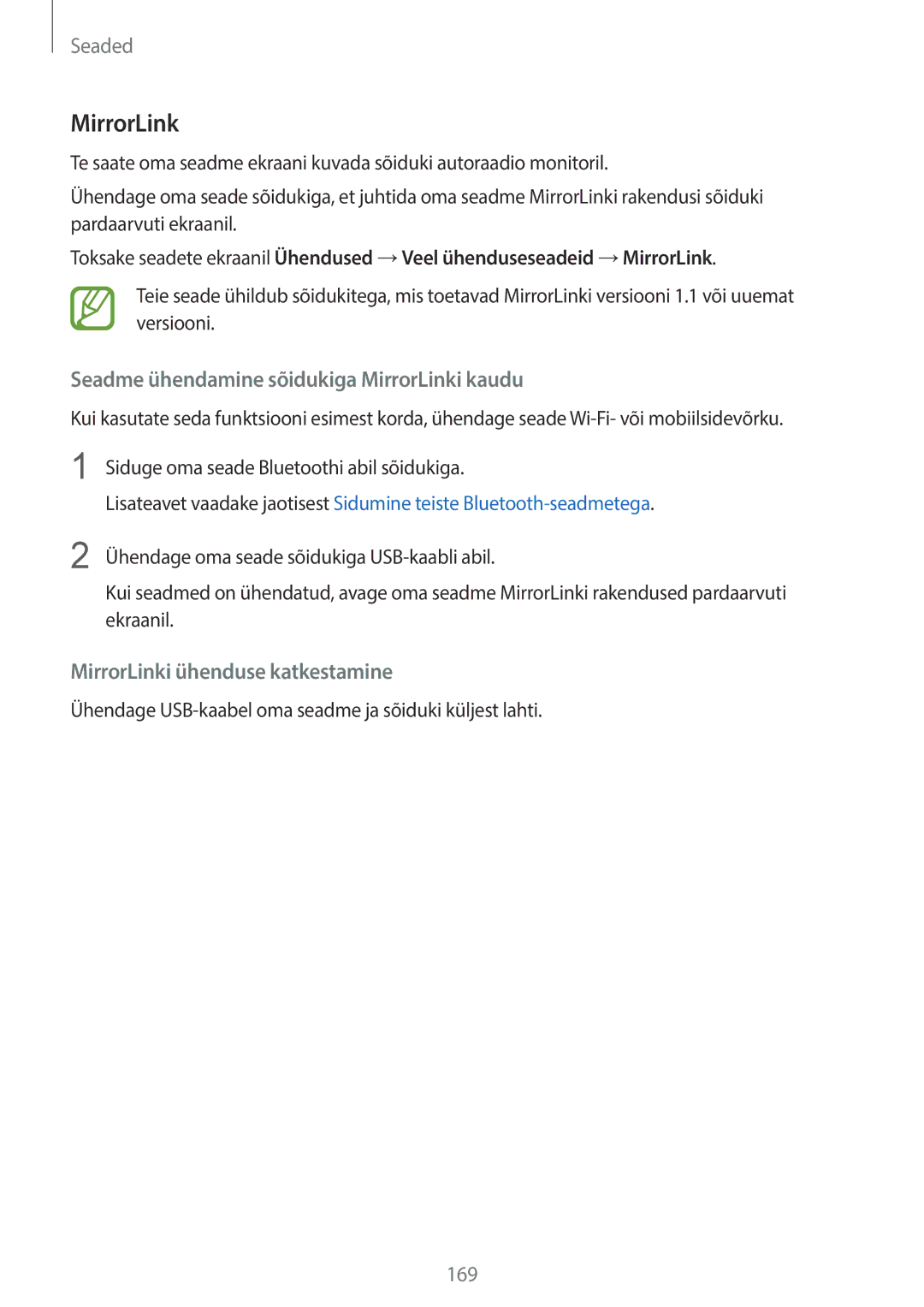 Samsung SM-G950FZSASEB manual Seadme ühendamine sõidukiga MirrorLinki kaudu, MirrorLinki ühenduse katkestamine 