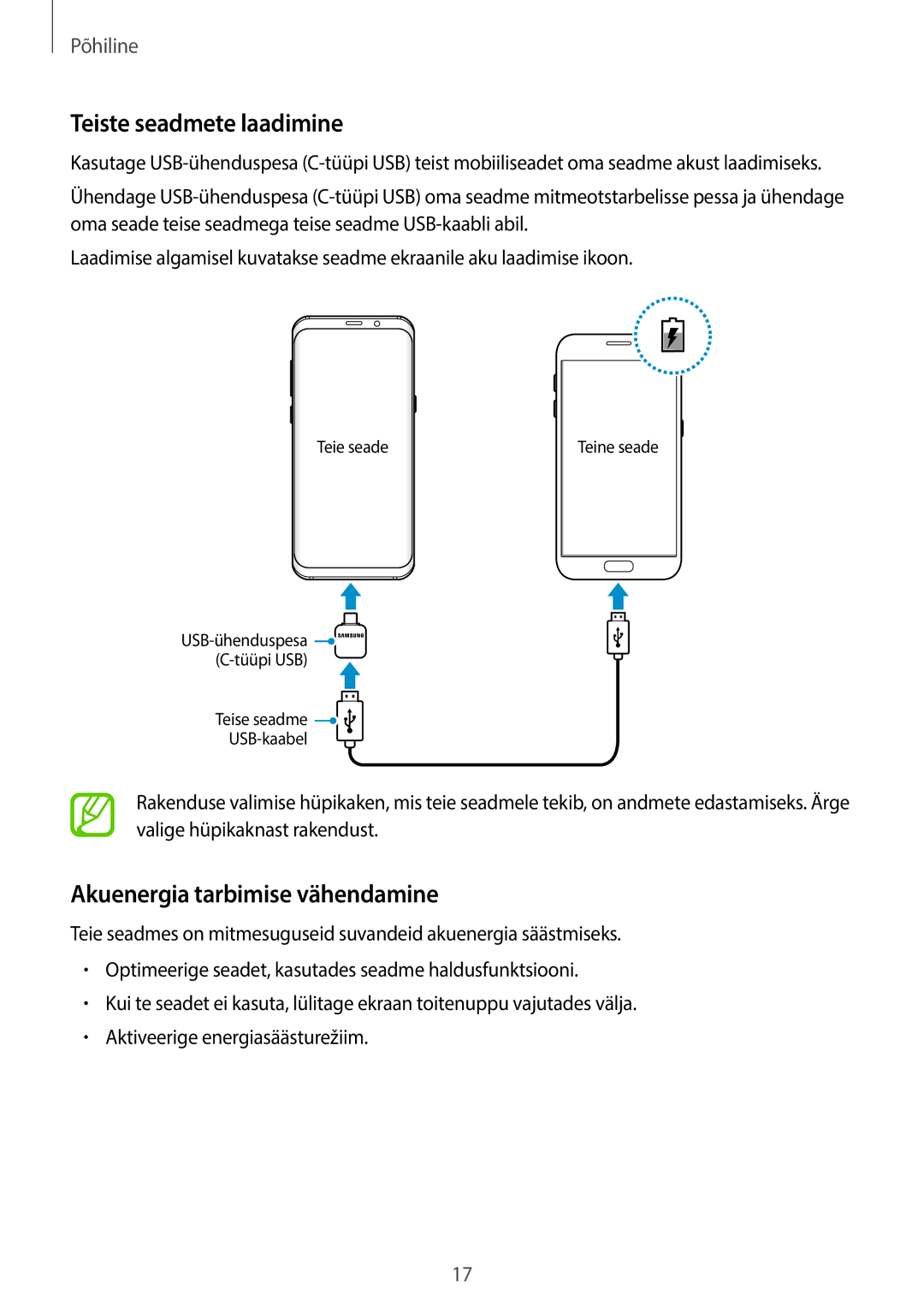 Samsung SM-G955FZKASEB, SM-G955FZSASEB, SM-G950FZSASEB manual Teiste seadmete laadimine, Akuenergia tarbimise vähendamine 