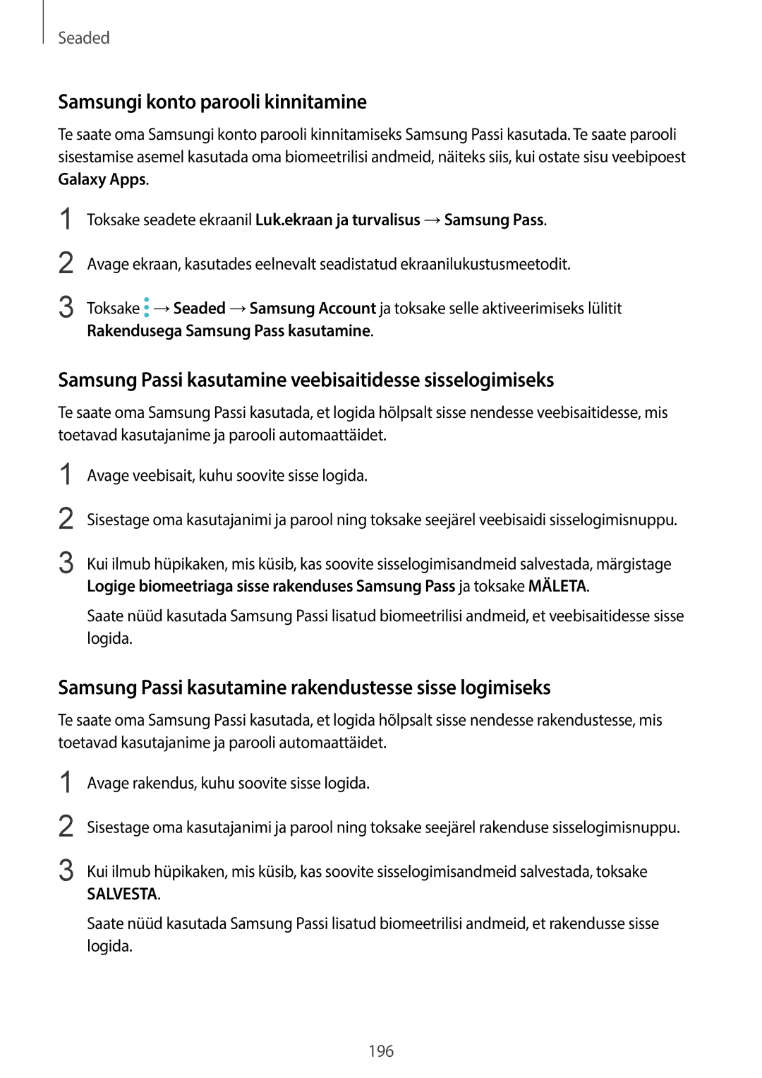 Samsung SM-G955FZSASEB manual Samsungi konto parooli kinnitamine, Samsung Passi kasutamine veebisaitidesse sisselogimiseks 