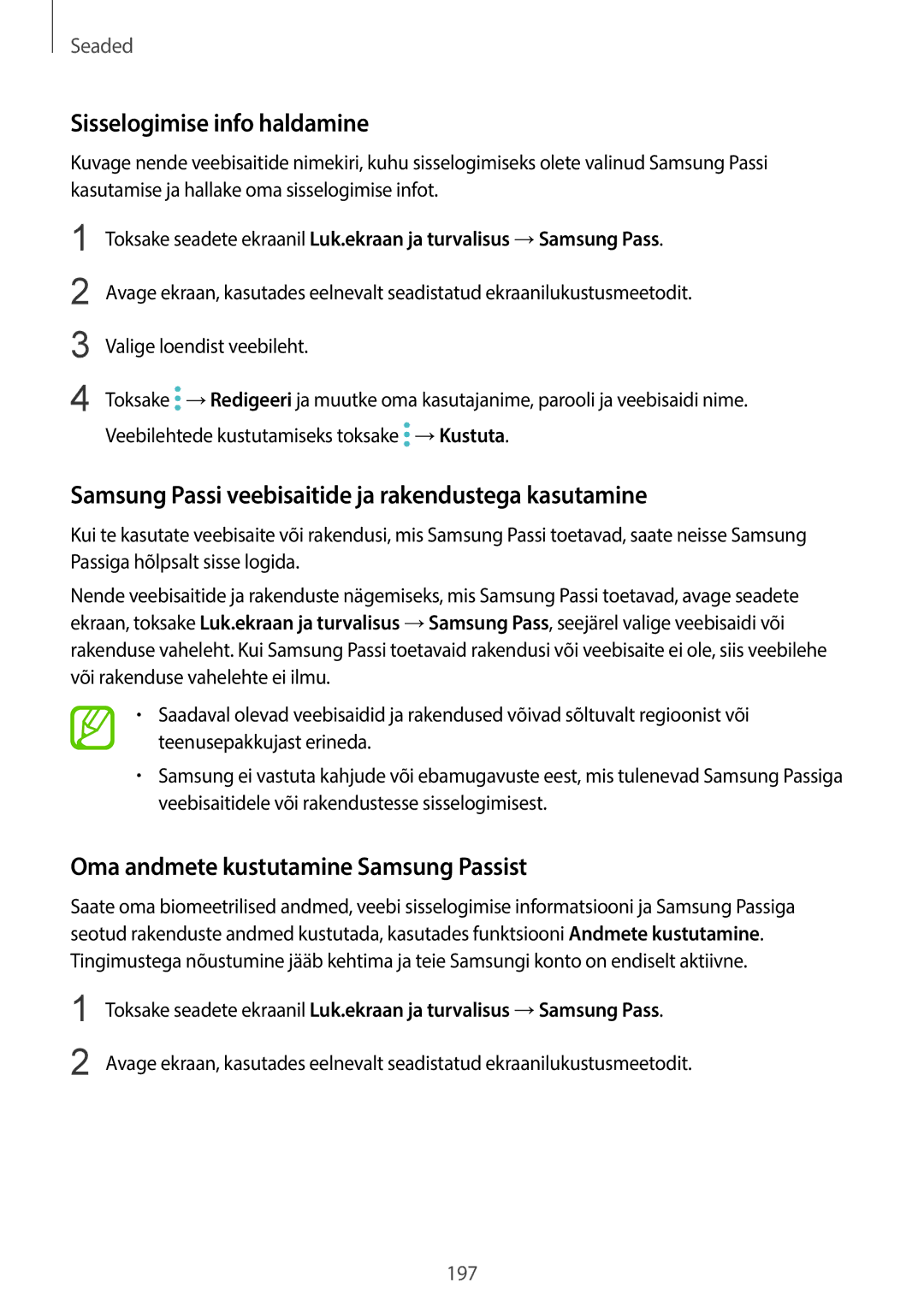 Samsung SM-G950FZSASEB, SM-G955FZSASEB Sisselogimise info haldamine, Samsung Passi veebisaitide ja rakendustega kasutamine 