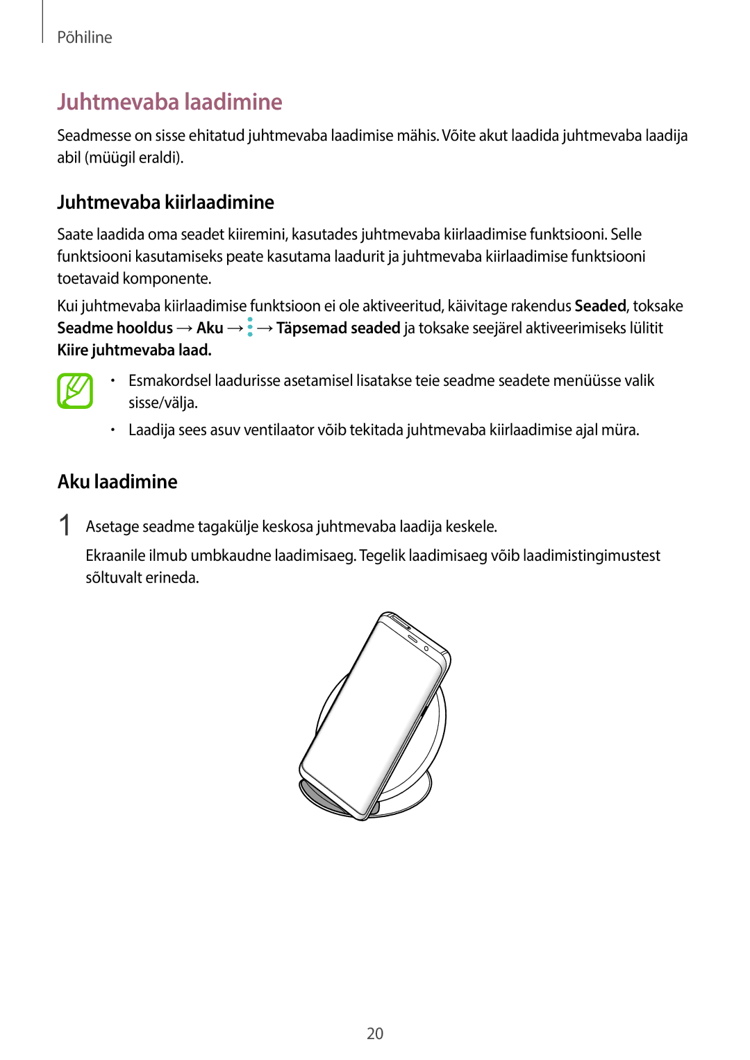 Samsung SM-G950FZKASEB manual Juhtmevaba laadimine, Juhtmevaba kiirlaadimine, Aku laadimine, Kiire juhtmevaba laad 