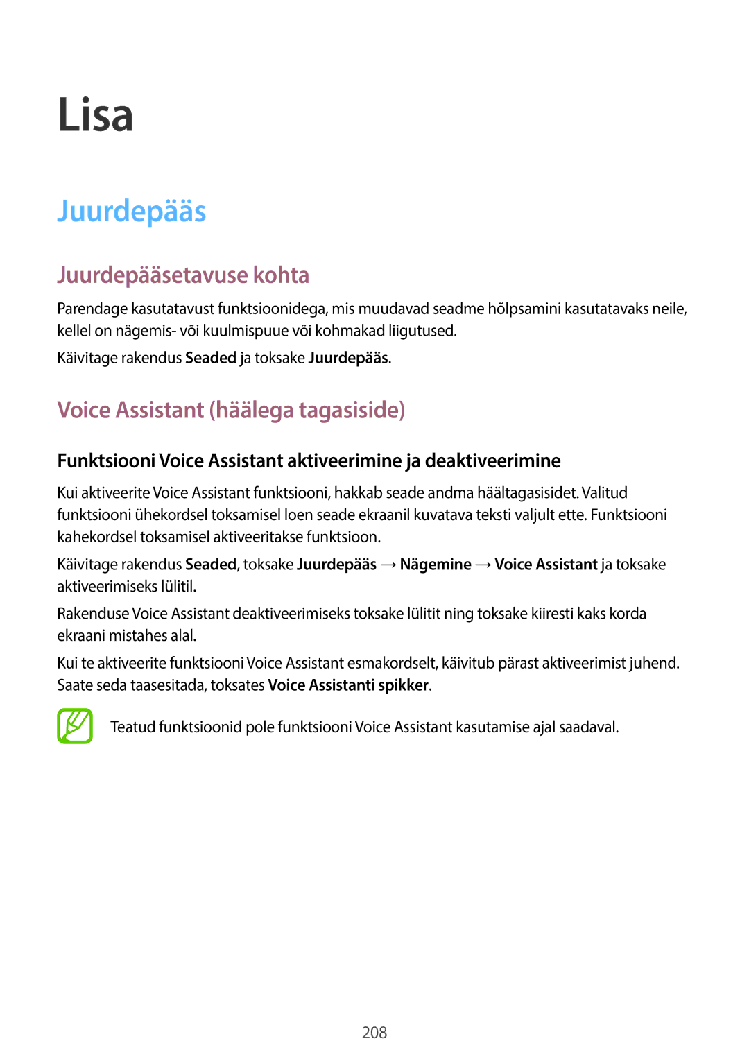 Samsung SM-G950FZIASEB, SM-G955FZSASEB, SM-G950FZSASEB manual Juurdepääsetavuse kohta, Voice Assistant häälega tagasiside 