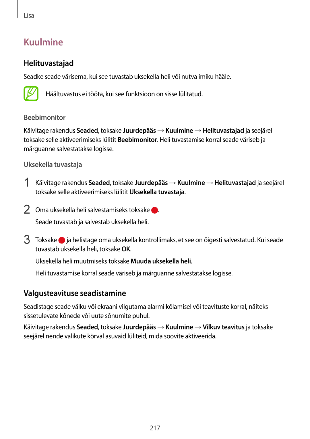 Samsung SM-G955FZSASEB manual Kuulmine, Helituvastajad, Valgusteavituse seadistamine, Beebimonitor, Uksekella tuvastaja 