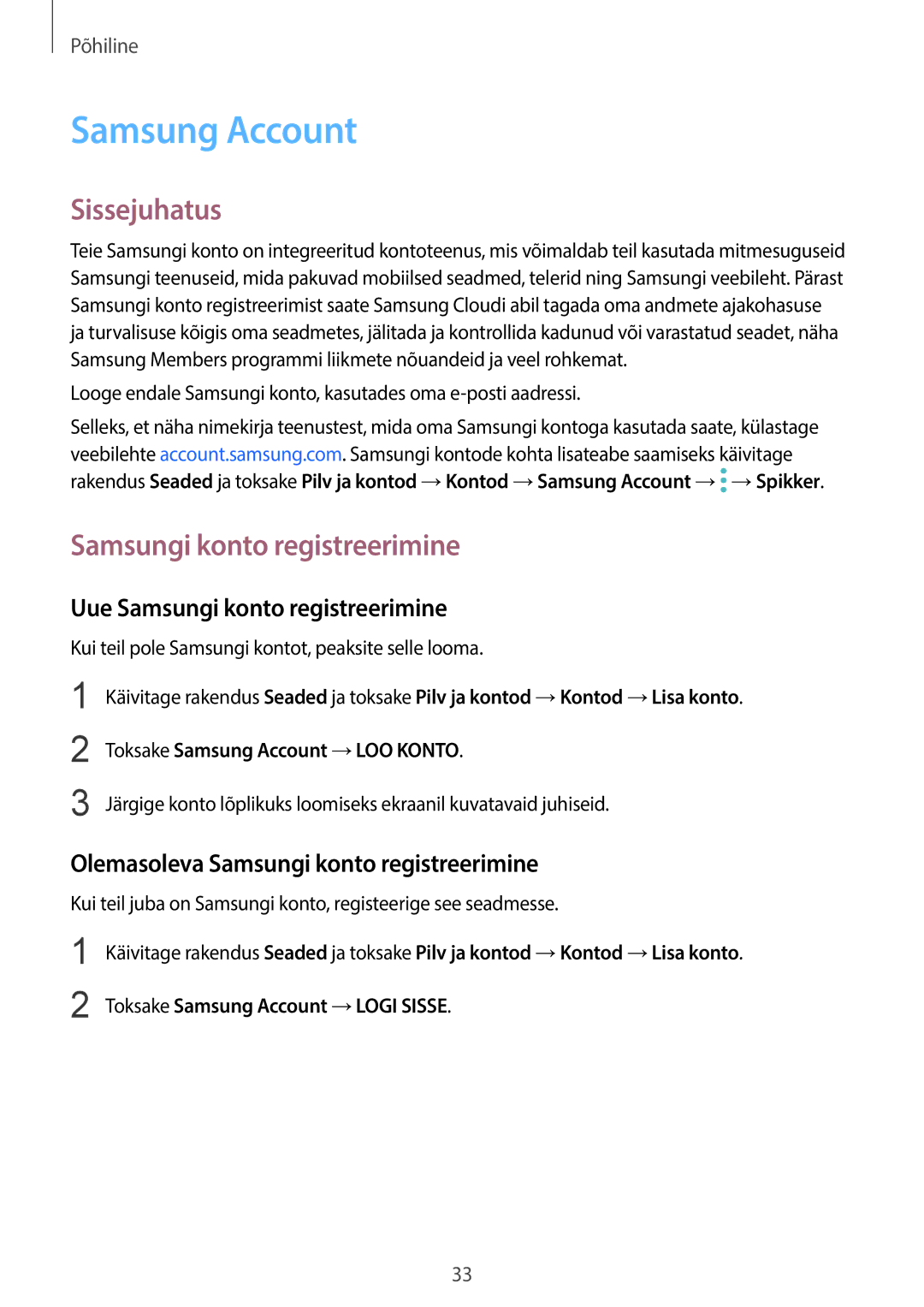 Samsung SM-G950FZIASEB, SM-G955FZSASEB manual Samsung Account, Sissejuhatus, Uue Samsungi konto registreerimine 