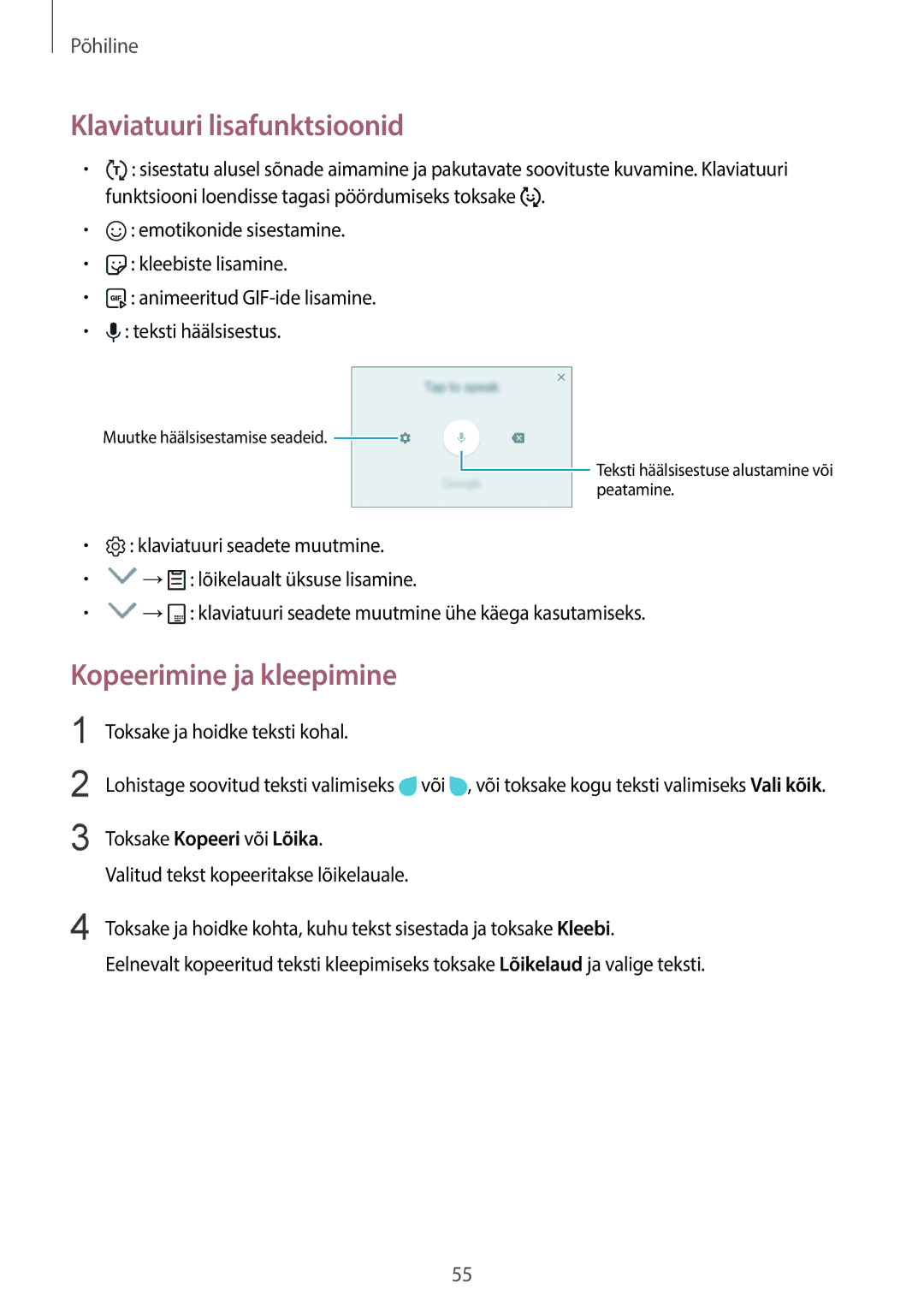 Samsung SM-G950FZKASEB manual Klaviatuuri lisafunktsioonid, Kopeerimine ja kleepimine, Toksake ja hoidke teksti kohal 