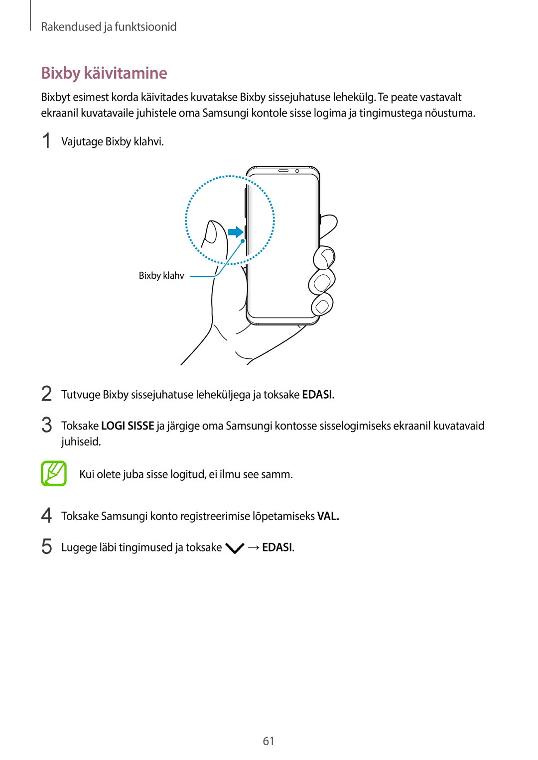 Samsung SM-G950FZIASEB, SM-G955FZSASEB, SM-G950FZSASEB, SM-G955FZVASEB manual Bixby käivitamine, Vajutage Bixby klahvi 