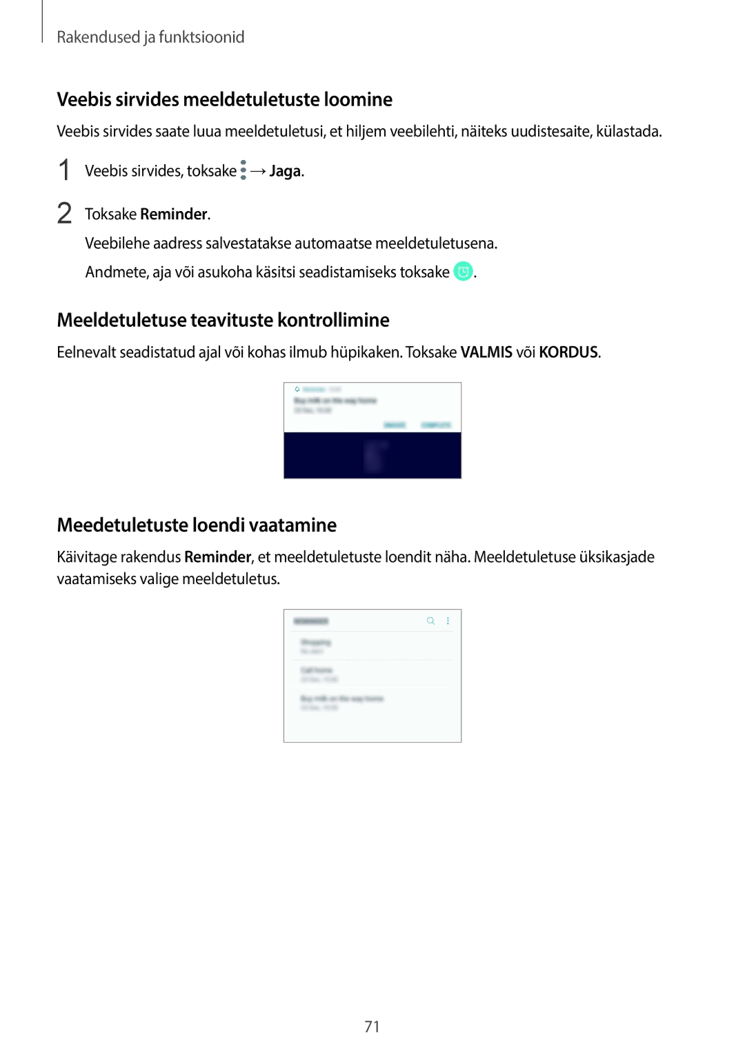 Samsung SM-G950FZSASEB, SM-G955FZSASEB Veebis sirvides meeldetuletuste loomine, Meeldetuletuse teavituste kontrollimine 