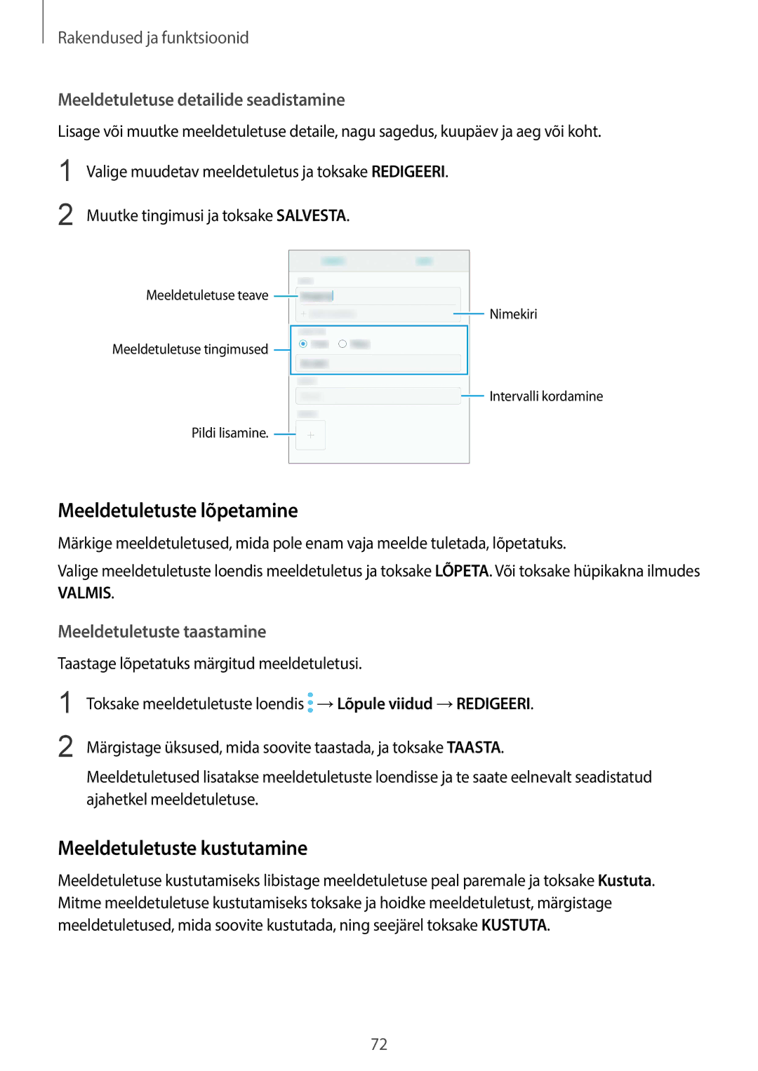 Samsung SM-G955FZVASEB Meeldetuletuste lõpetamine, Meeldetuletuste kustutamine, Meeldetuletuse detailide seadistamine 