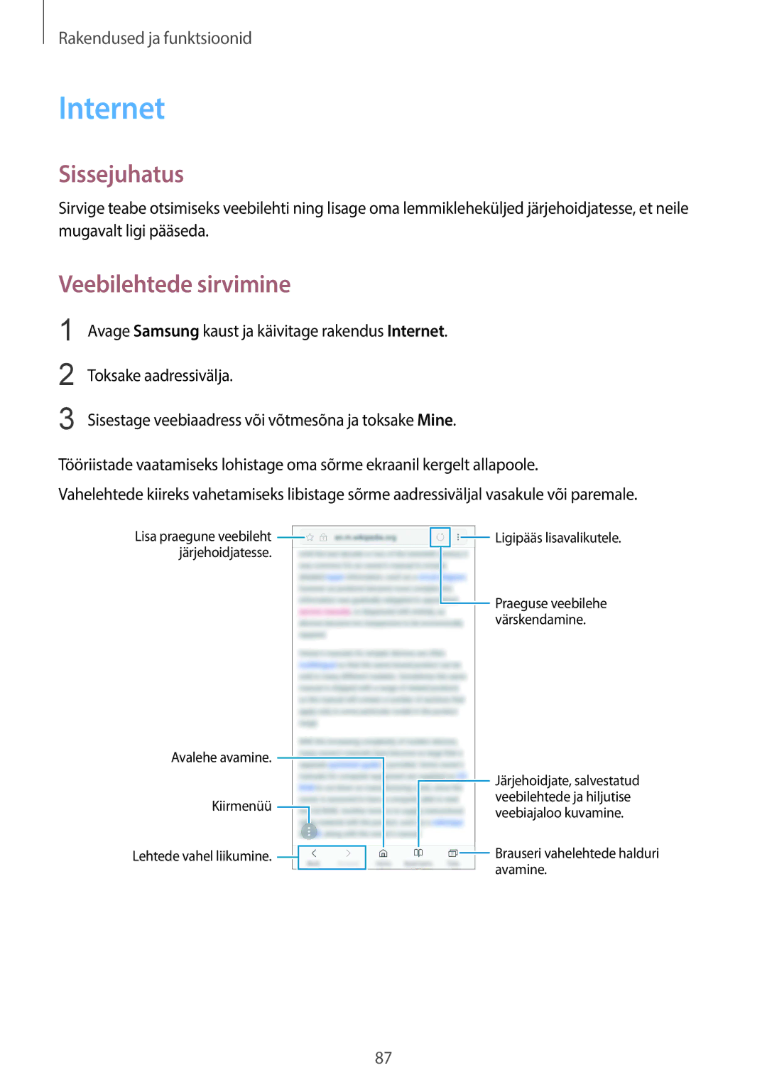 Samsung SM-G955FZKASEB, SM-G955FZSASEB, SM-G950FZSASEB, SM-G955FZVASEB, SM-G950FZVASEB manual Internet, Veebilehtede sirvimine 