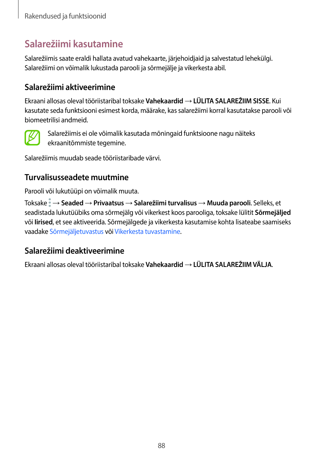 Samsung SM-G950FZVASEB, SM-G955FZSASEB manual Salarežiimi kasutamine, Salarežiimi aktiveerimine, Turvalisusseadete muutmine 
