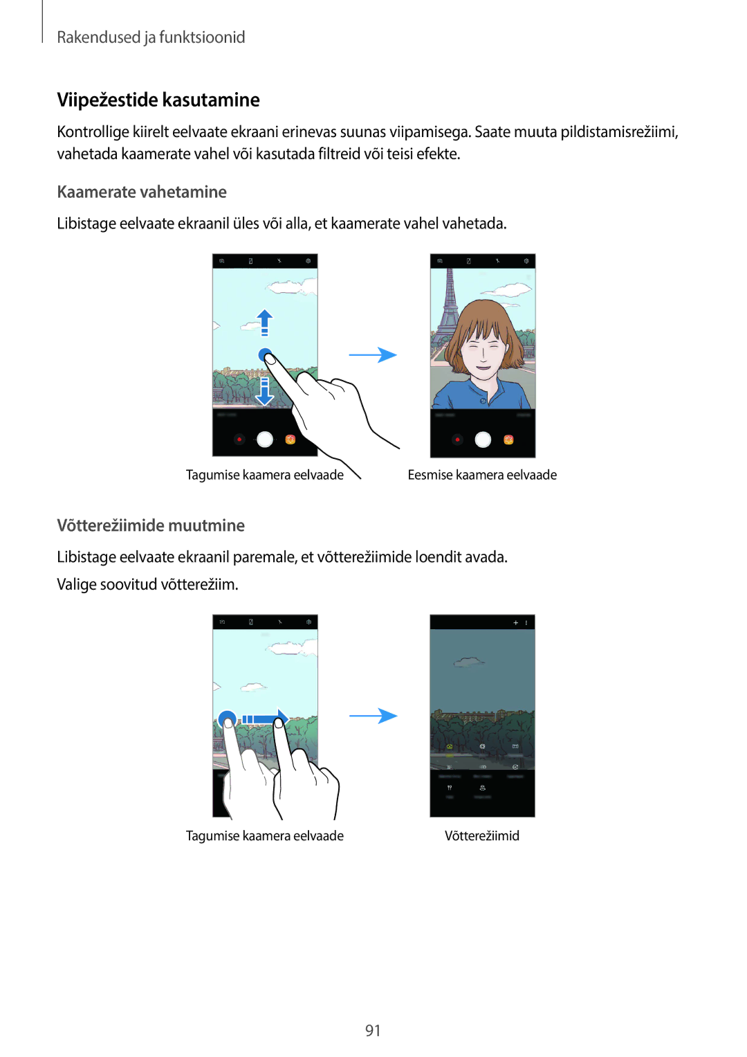 Samsung SM-G955FZSASEB, SM-G950FZSASEB manual Viipežestide kasutamine, Kaamerate vahetamine, Võtterežiimide muutmine 