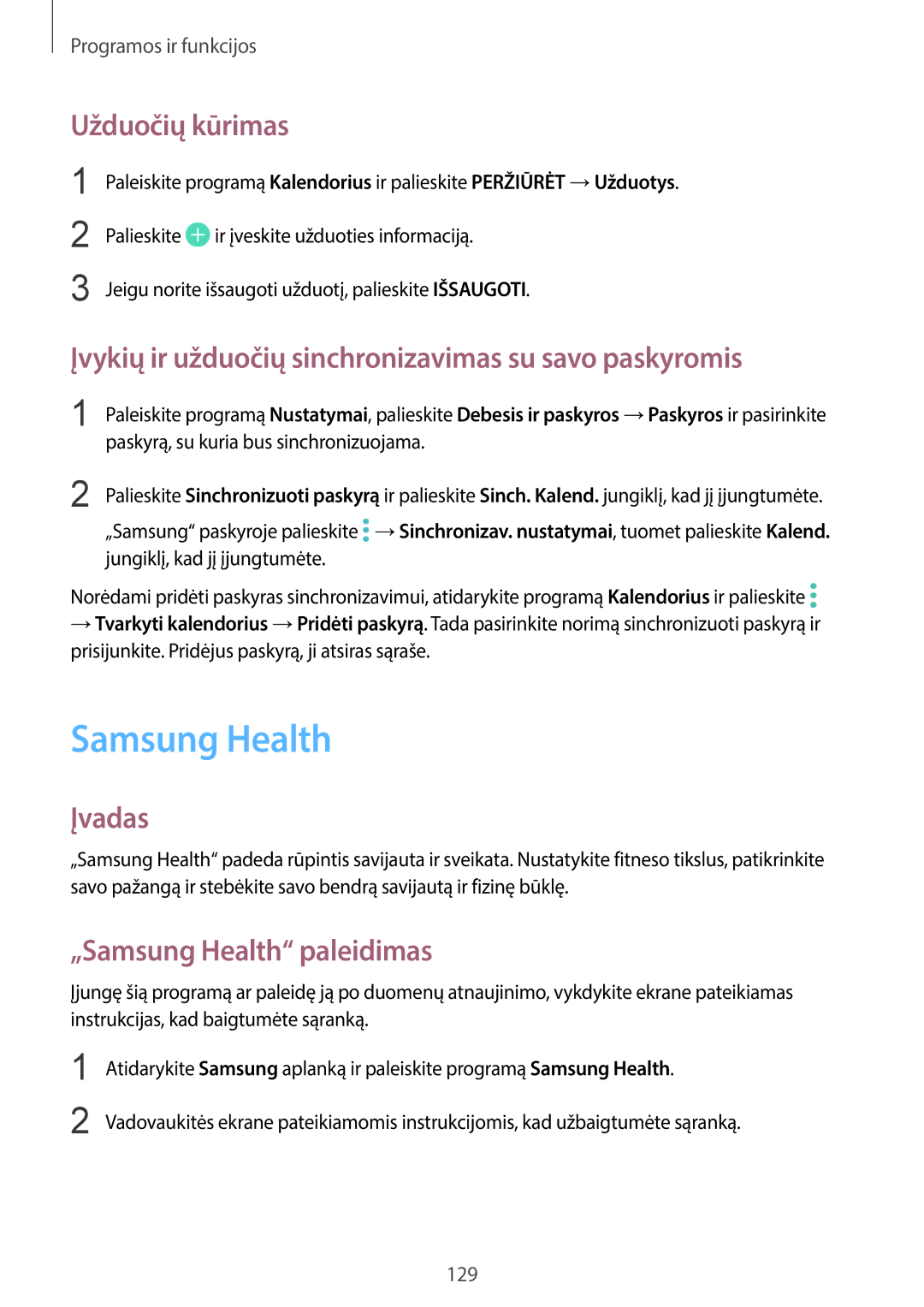 Samsung SM-G955FZKASEB manual Samsung Health, Užduočių kūrimas, Įvykių ir užduočių sinchronizavimas su savo paskyromis 