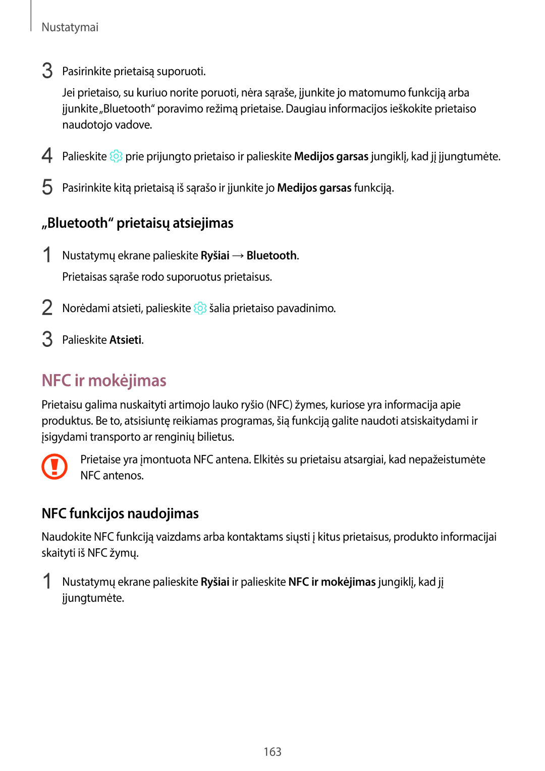 Samsung SM-G955FZVASEB, SM-G955FZSASEB manual NFC ir mokėjimas, „Bluetooth prietaisų atsiejimas, NFC funkcijos naudojimas 