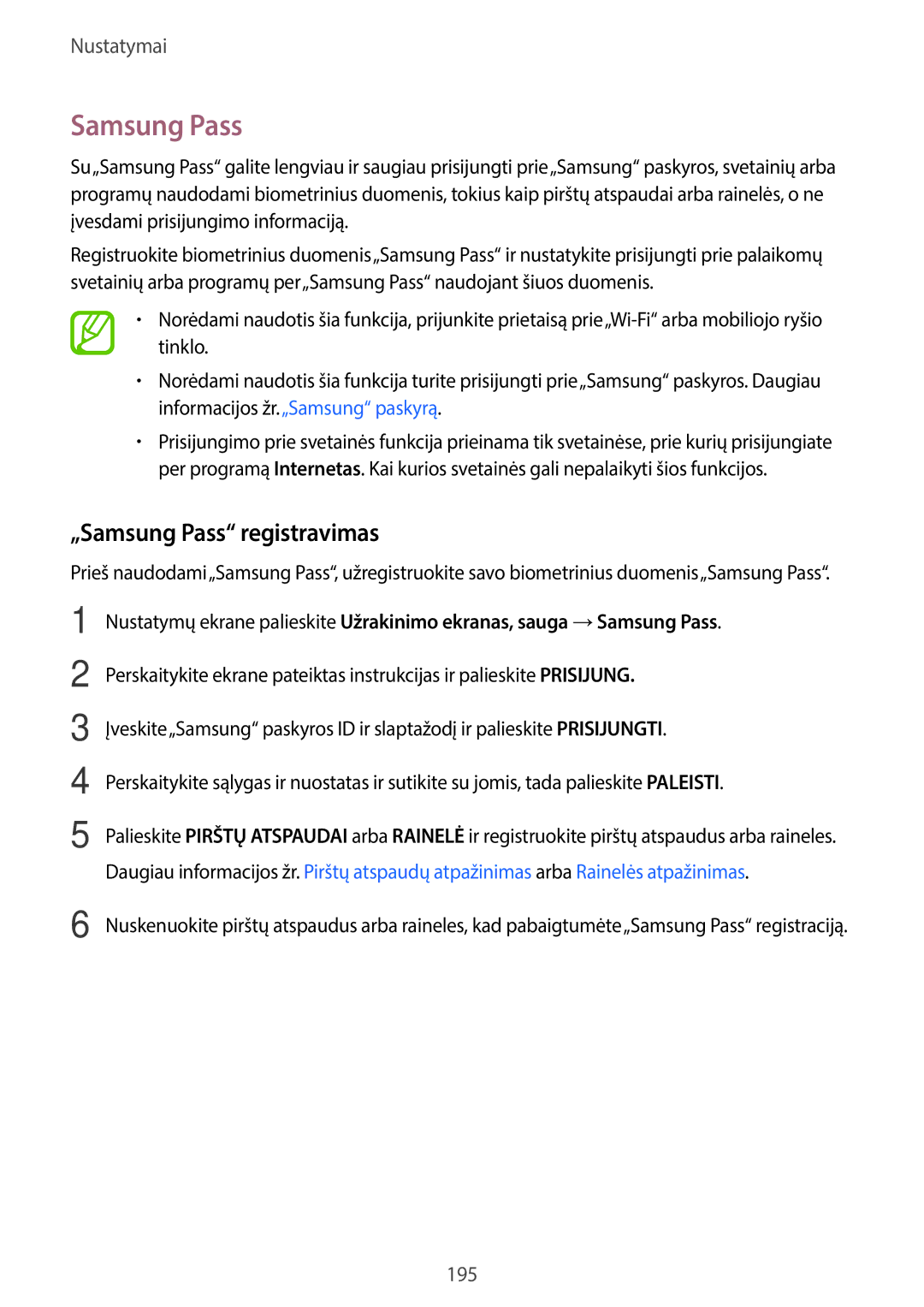 Samsung SM-G950FZKASEB, SM-G955FZSASEB, SM-G950FZSASEB, SM-G955FZVASEB, SM-G955FZKASEB manual „Samsung Pass registravimas 