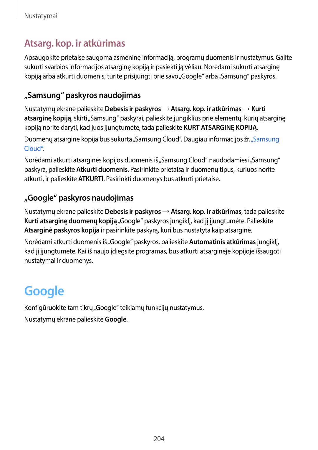 Samsung SM-G950FZSASEB manual Atsarg. kop. ir atkūrimas, „Samsung paskyros naudojimas, „Google paskyros naudojimas 