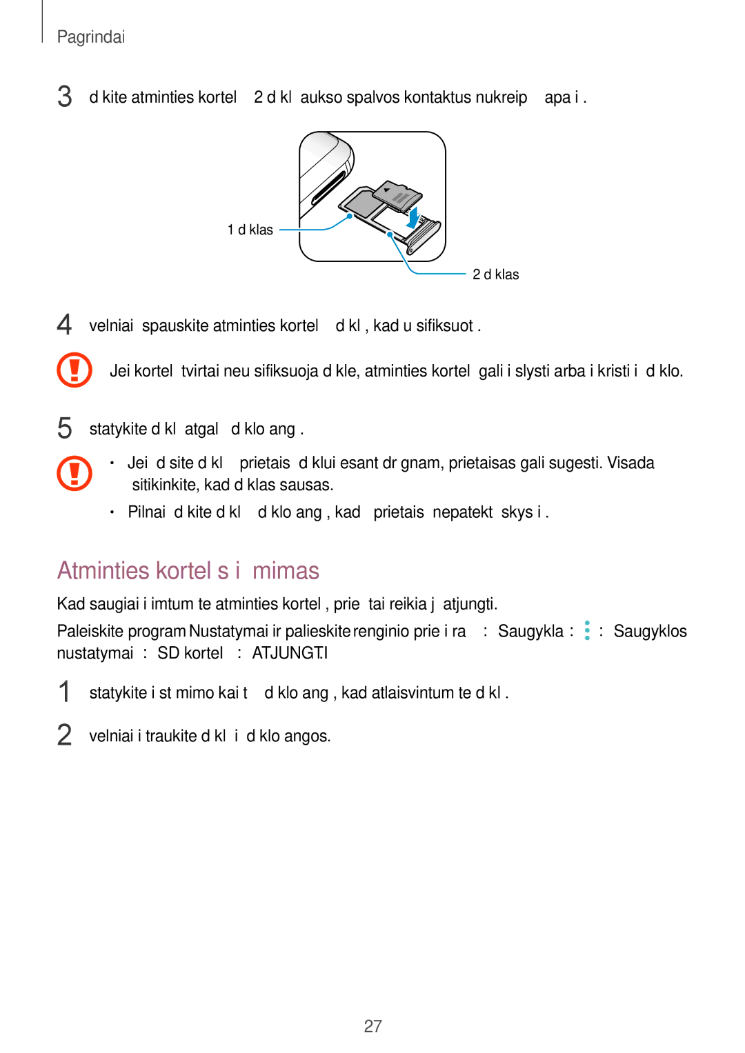 Samsung SM-G950FZKASEB, SM-G955FZSASEB, SM-G950FZSASEB, SM-G955FZVASEB, SM-G955FZKASEB manual Atminties kortelės išėmimas 