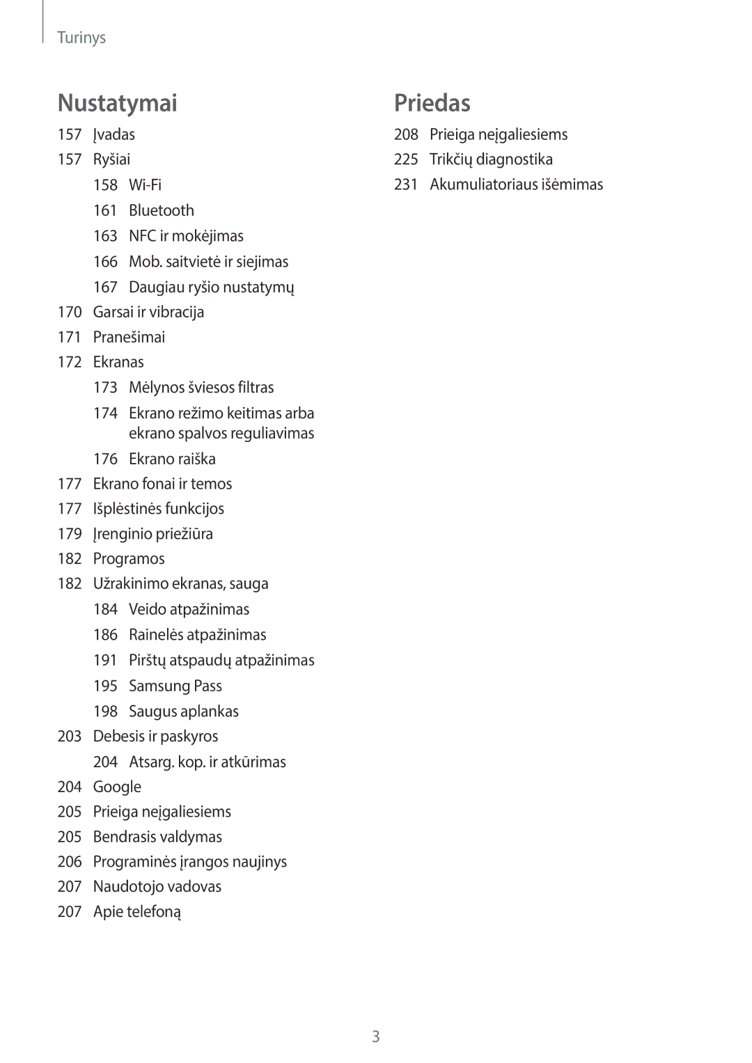 Samsung SM-G955FZKASEB, SM-G955FZSASEB manual Įvadas 208 Prieiga neįgaliesiems, Ryšiai 225 Trikčių diagnostika 158 Wi-Fi 231 